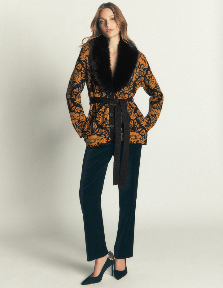 Wickelstrickjacke mit Gürtel-Metallic-Schwarz Gold Jacquard