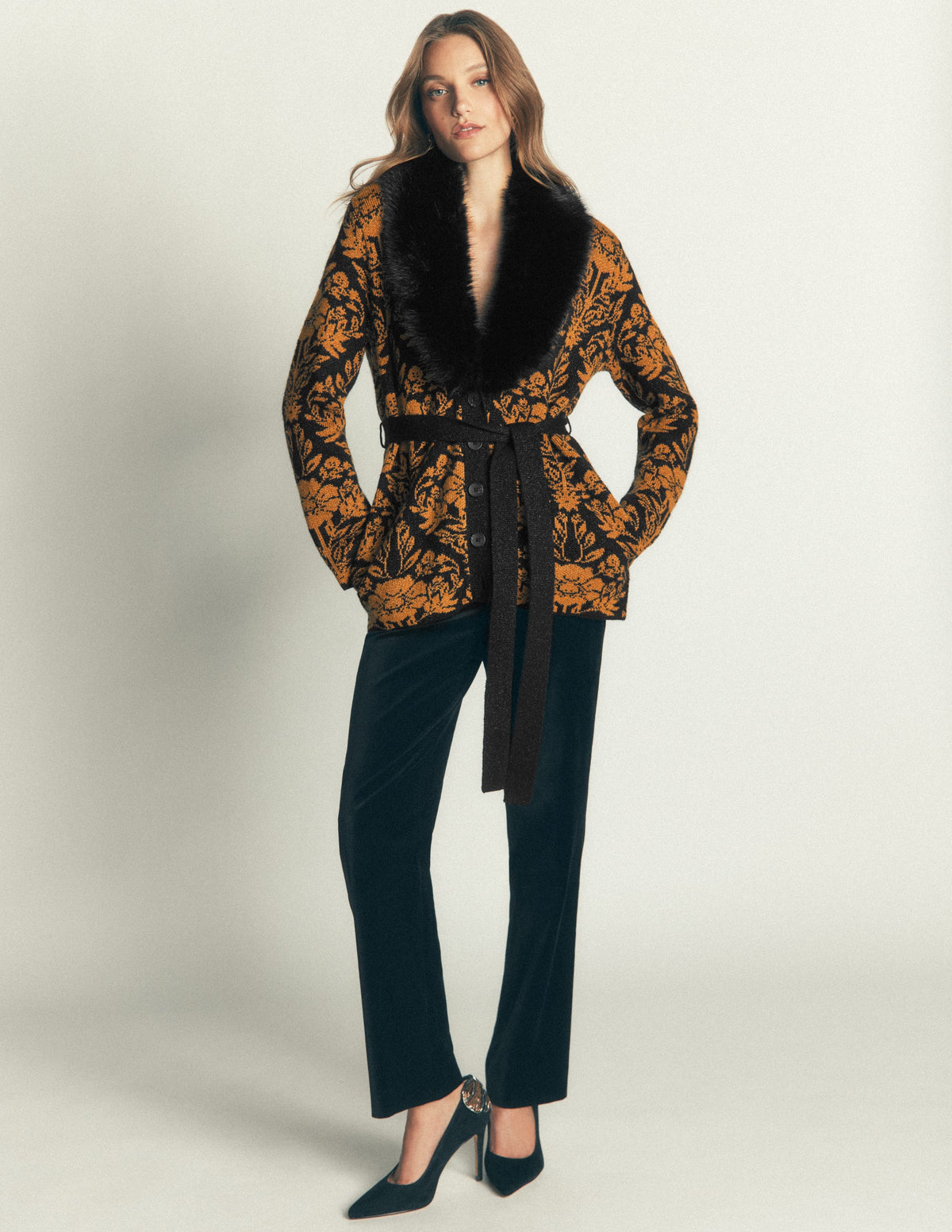 Belted Wrap Knitted Cardigan-Metallic Black Gold Jacquard-2