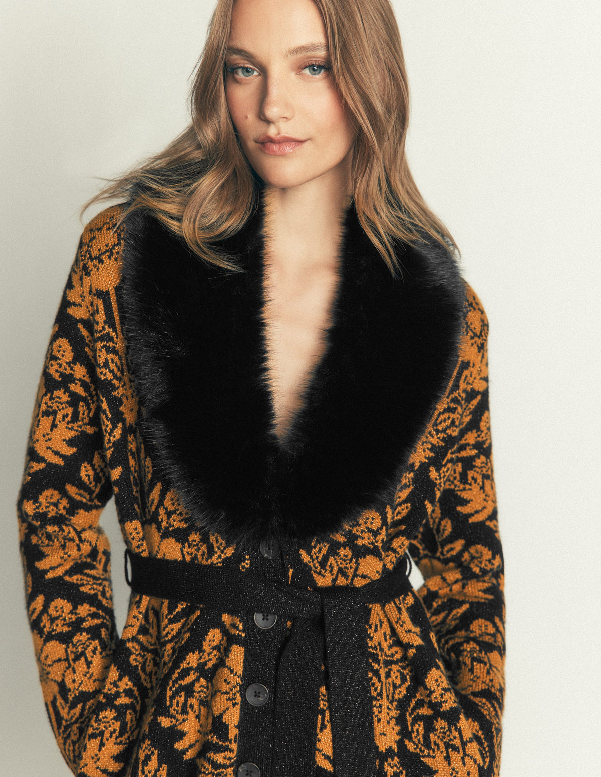 Belted Wrap Knitted Cardigan-Metallic Black Gold Jacquard-3