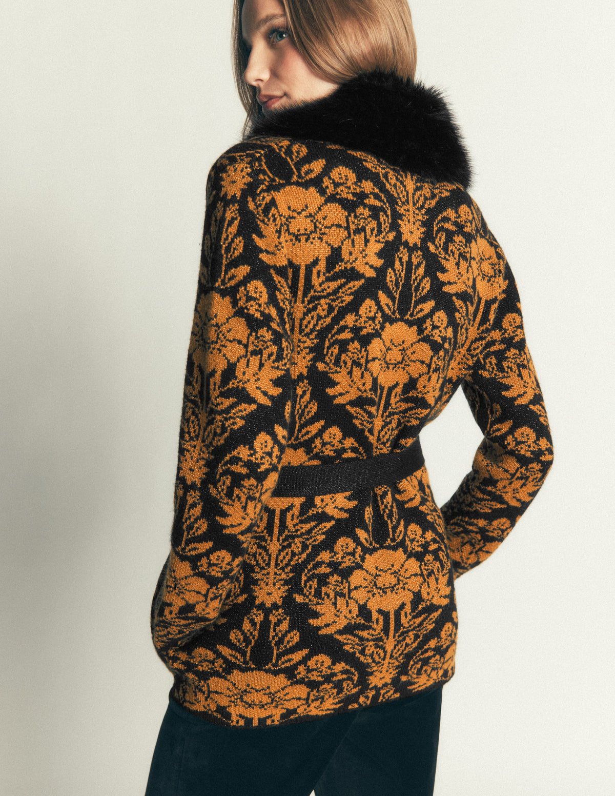 Belted Wrap Knitted Cardigan-Metallic Black Gold Jacquard - Image 4