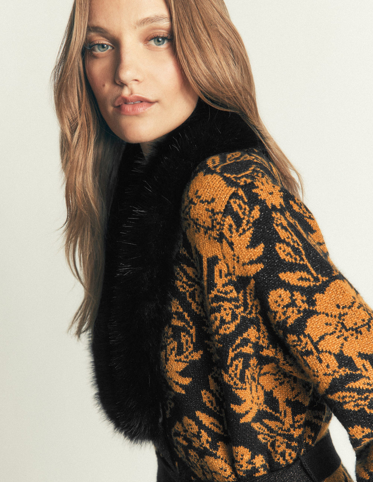 Belted Wrap Knitted Cardigan-Metallic Black Gold Jacquard-5