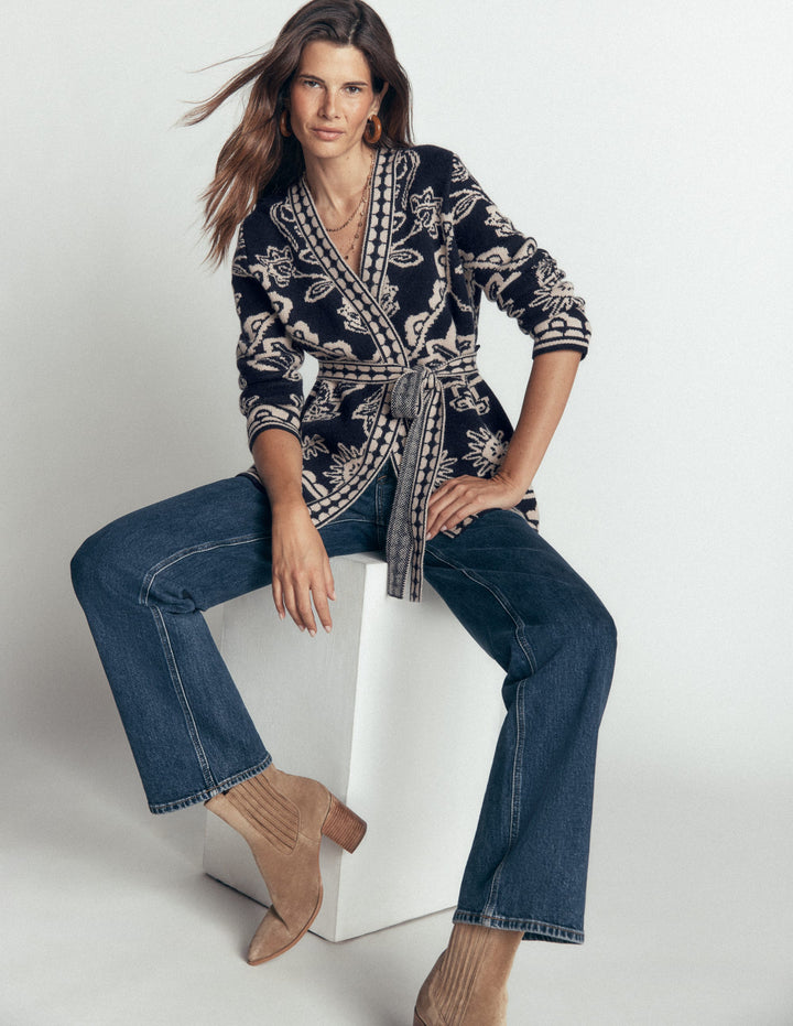 Belted Wrap Knitted Cardigan-Navy