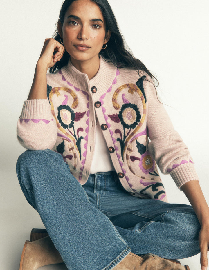 Jemma Jacquard-Strickjacke-Haferbeige Meliert, Stickerei