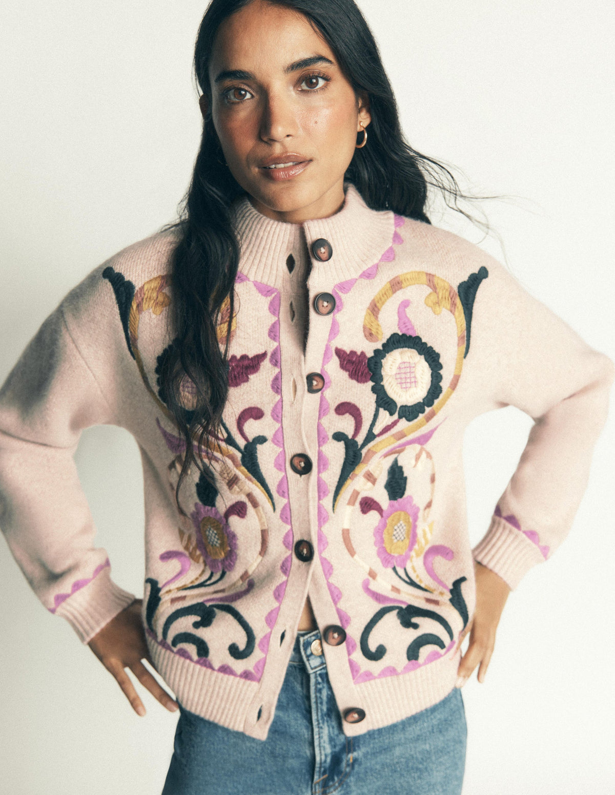Jemma Jacquard-Strickjacke-Haferbeige Meliert, Stickerei - Image 5
