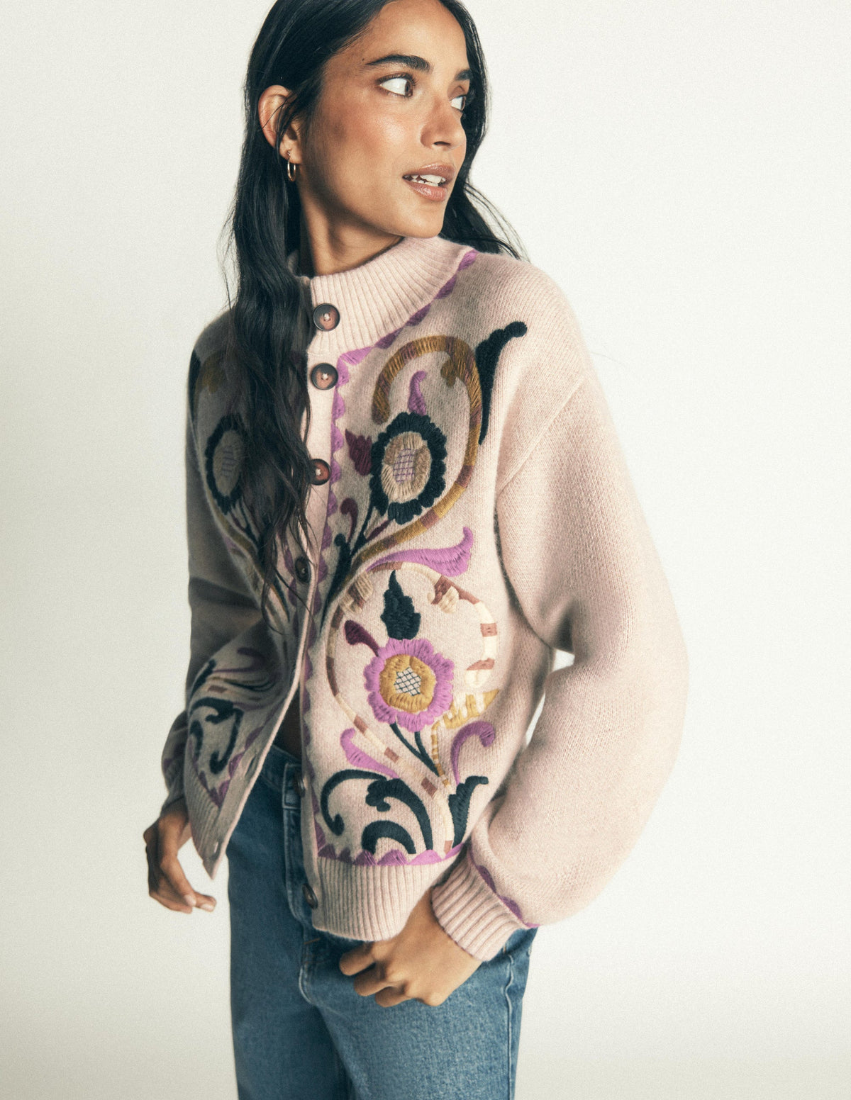 Jemma Jacquard-Strickjacke-Haferbeige Meliert, Stickerei - Image 6