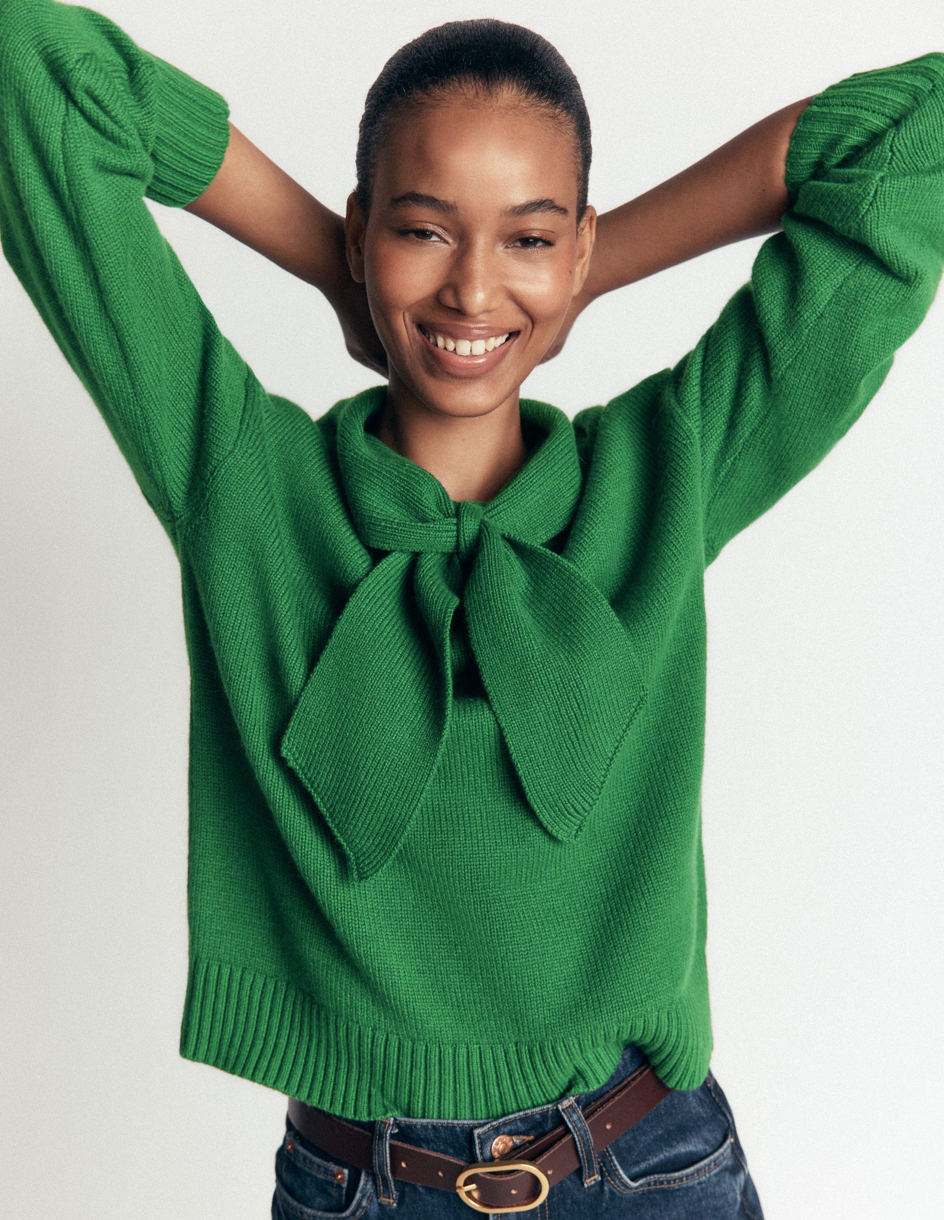 Lydia Strickpullover mit Bindeschleife am Ausschnitt-Jägergrün Melange-1