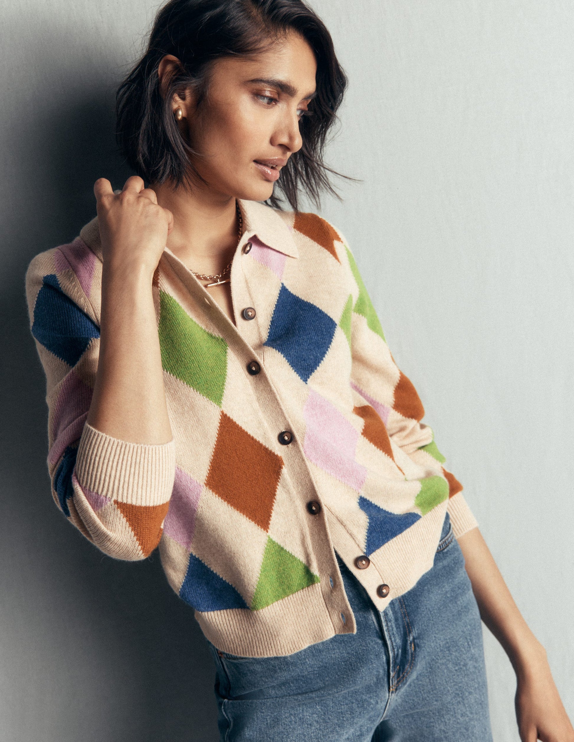 Ariadne Strickjacke aus Alpaka-Mischung-Haferbeige Meliert, Bunt Argyle-4
