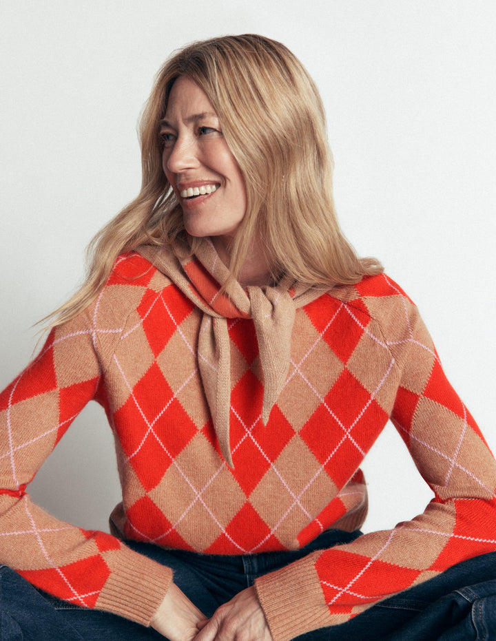 Ariadne Wool Blend Jumper-Orange Argyle