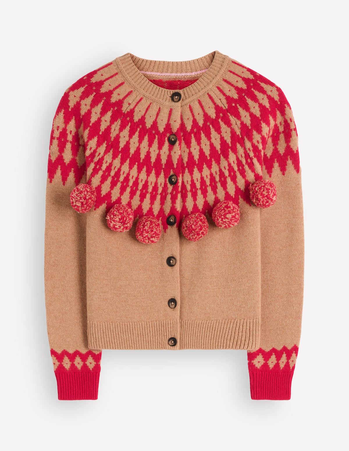 Mae Fair-Isle-Strickjacke-Camel, Rote Bommeln - Image 6