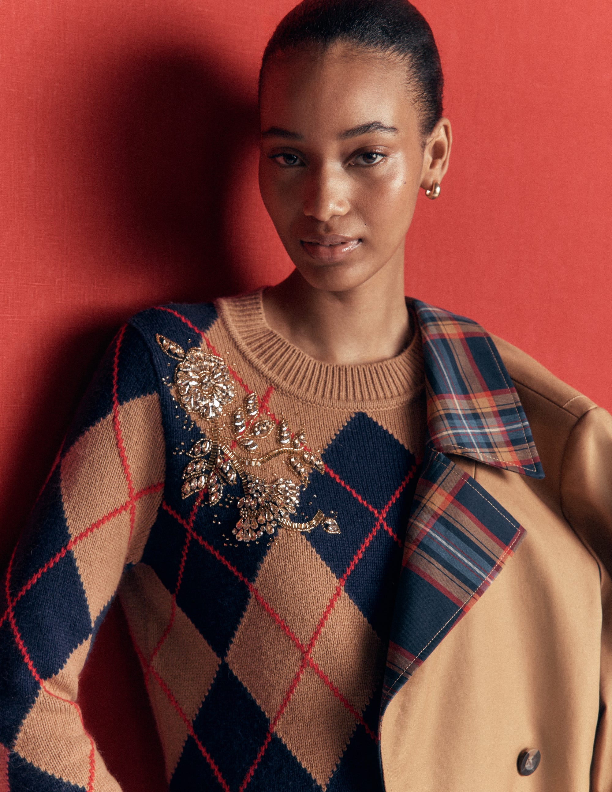 Jacquard-Pullover mit Verzierungen-Camel Meliert Argyle - Image 2
