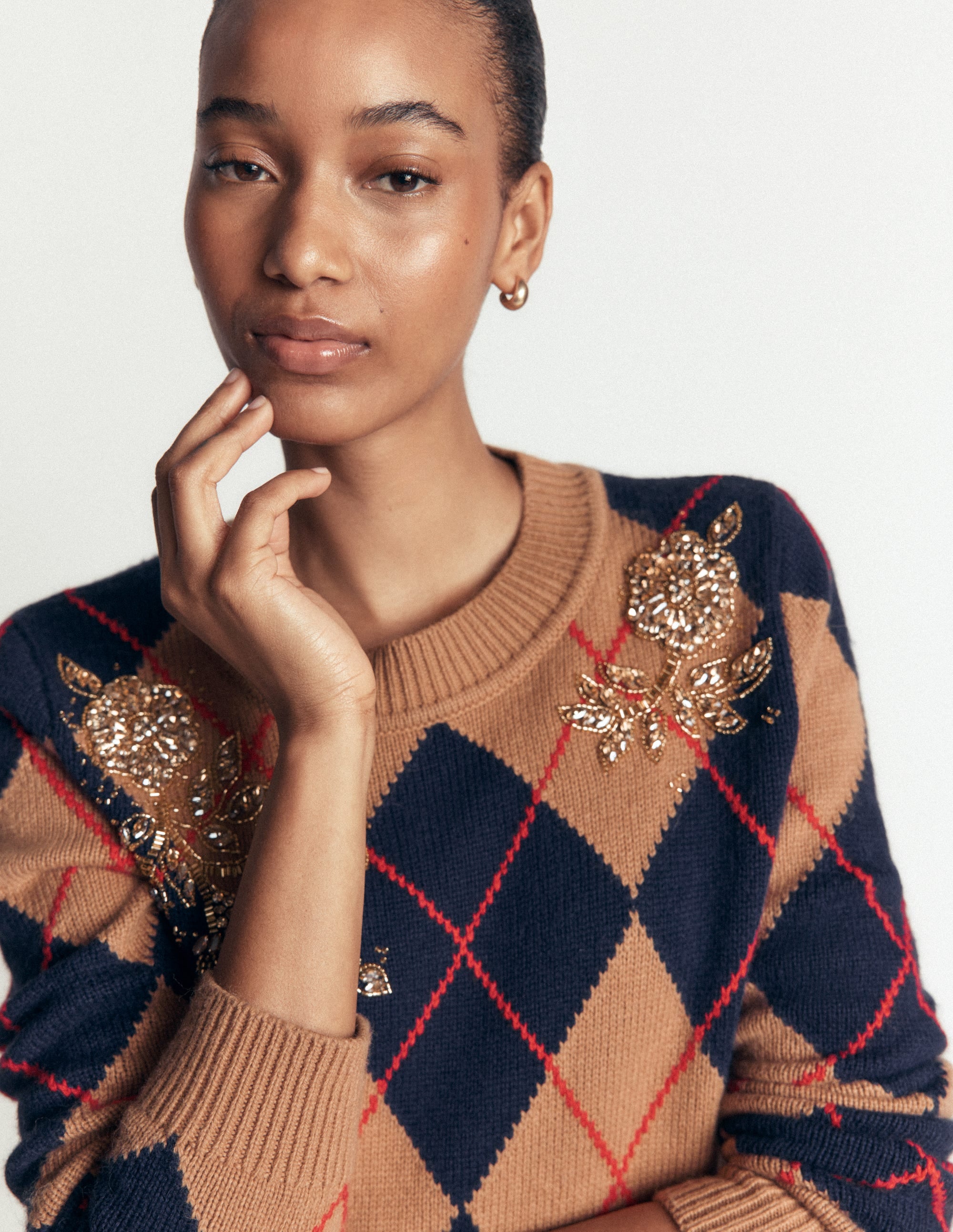 Jacquard-Pullover mit Verzierungen-Camel Meliert Argyle - Image 3