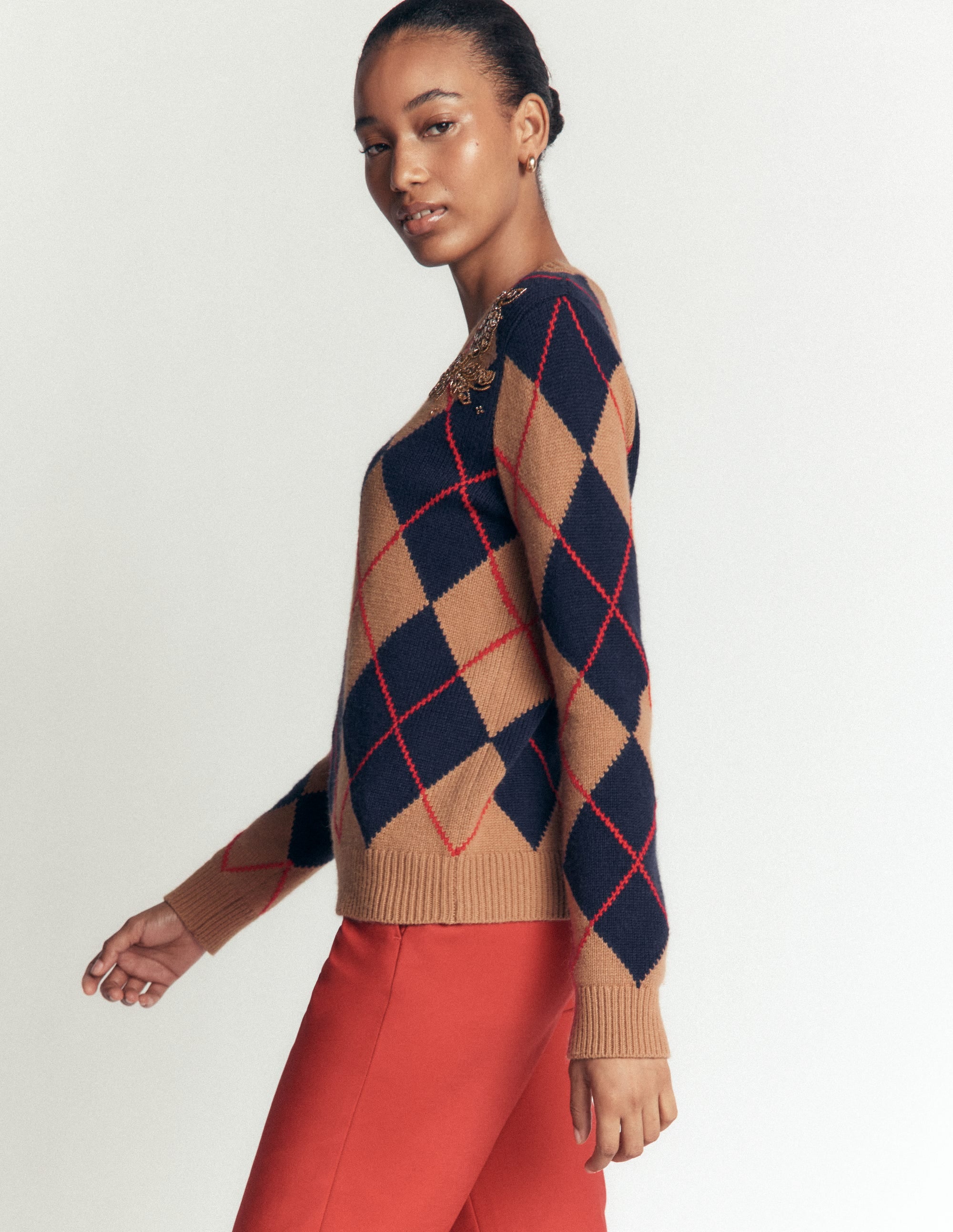 Jacquard-Pullover mit Verzierungen-Camel Meliert Argyle - Image 5