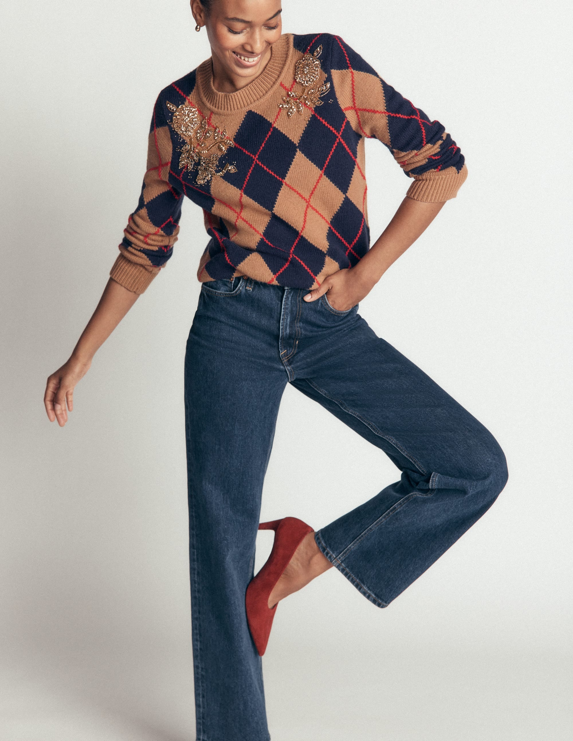 Jacquard-Pullover mit Verzierungen-Camel Meliert Argyle - Image 7