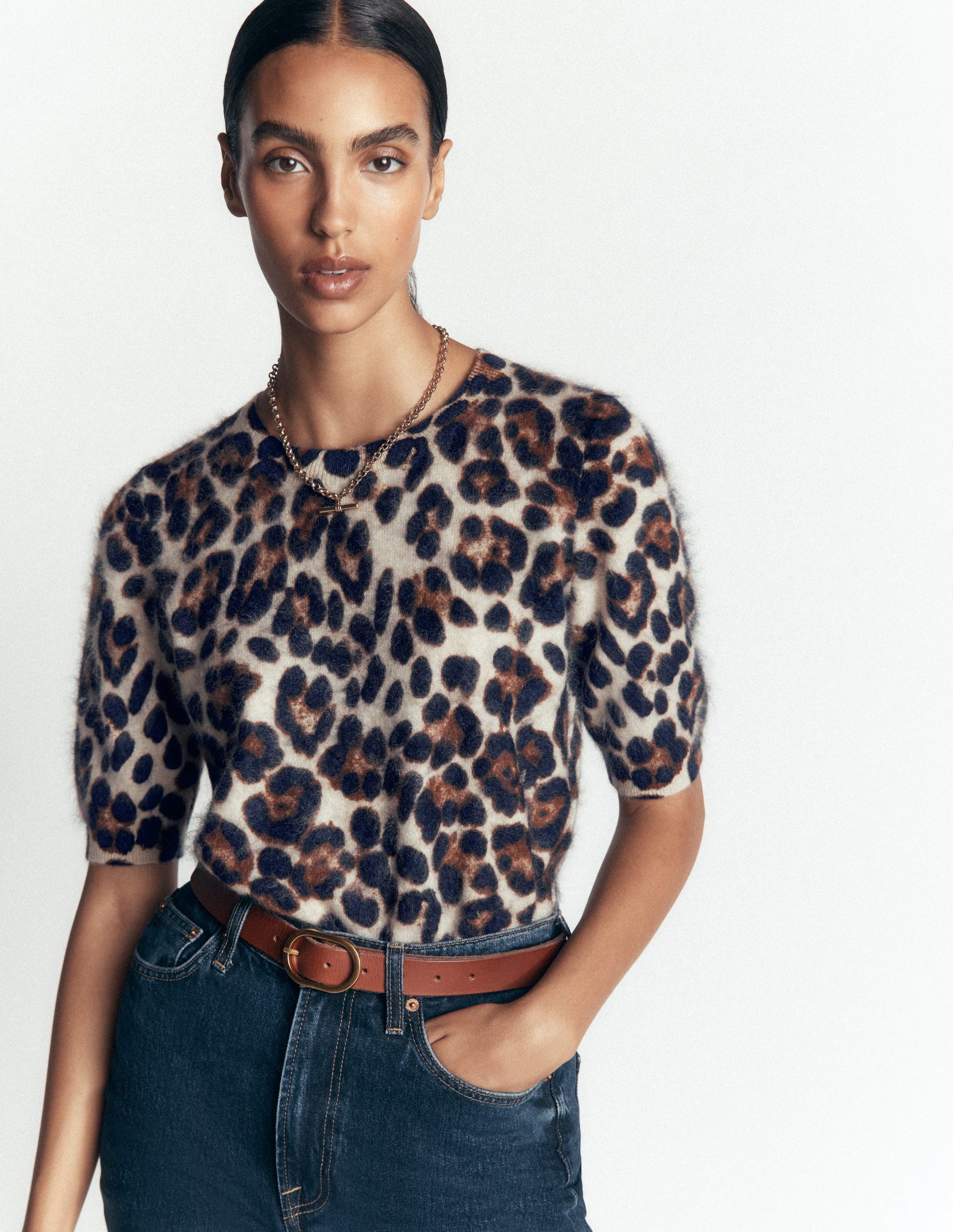 T-shirt Kat en cachemire brossé-Camel, léopard-4