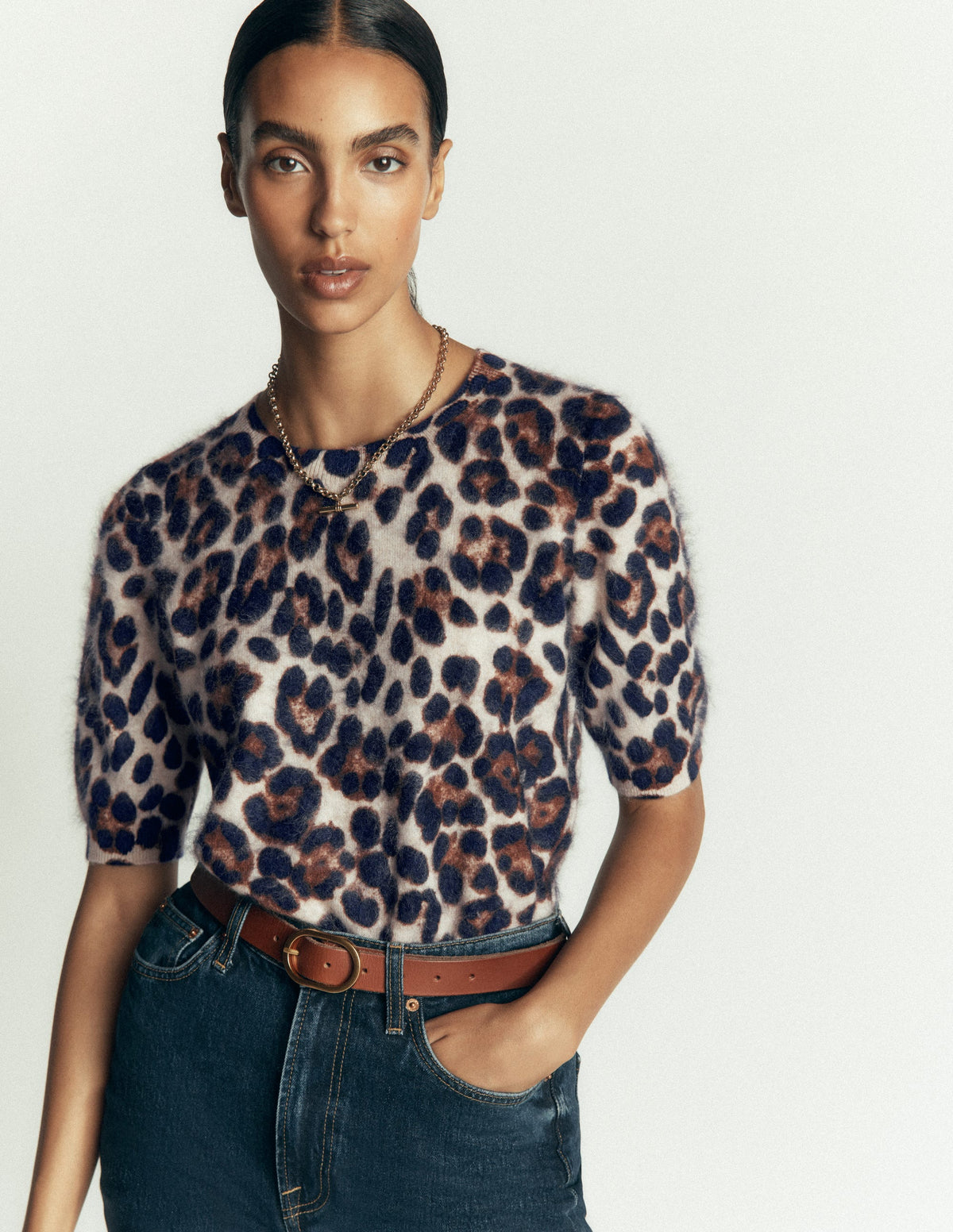 Kat T-Shirt aus gebürstetem Kaschmir-Camel, Leopard - Image 4