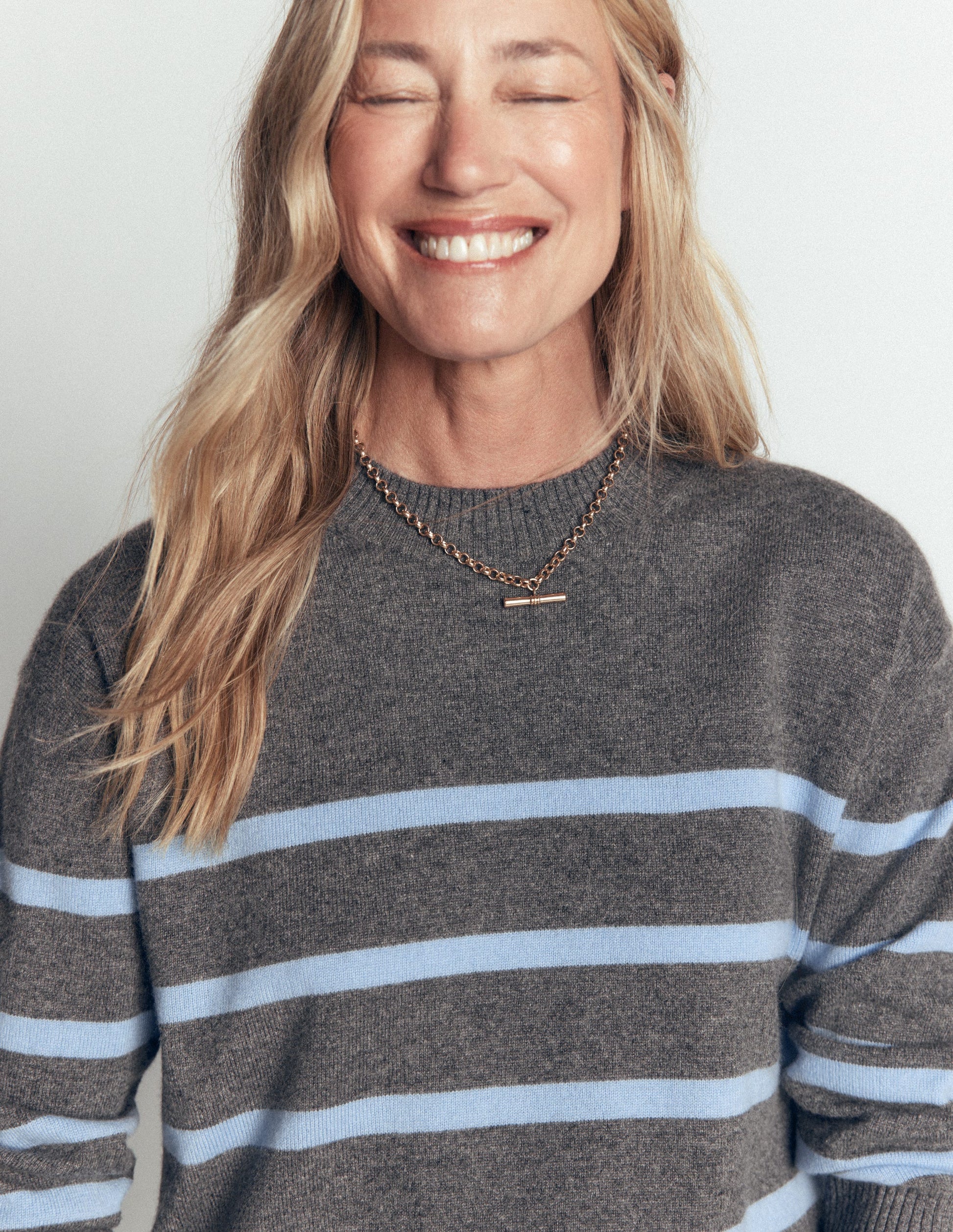 Fay Cashmere Crew Neck Jumper-Charcoal, Blue Stripe-2
