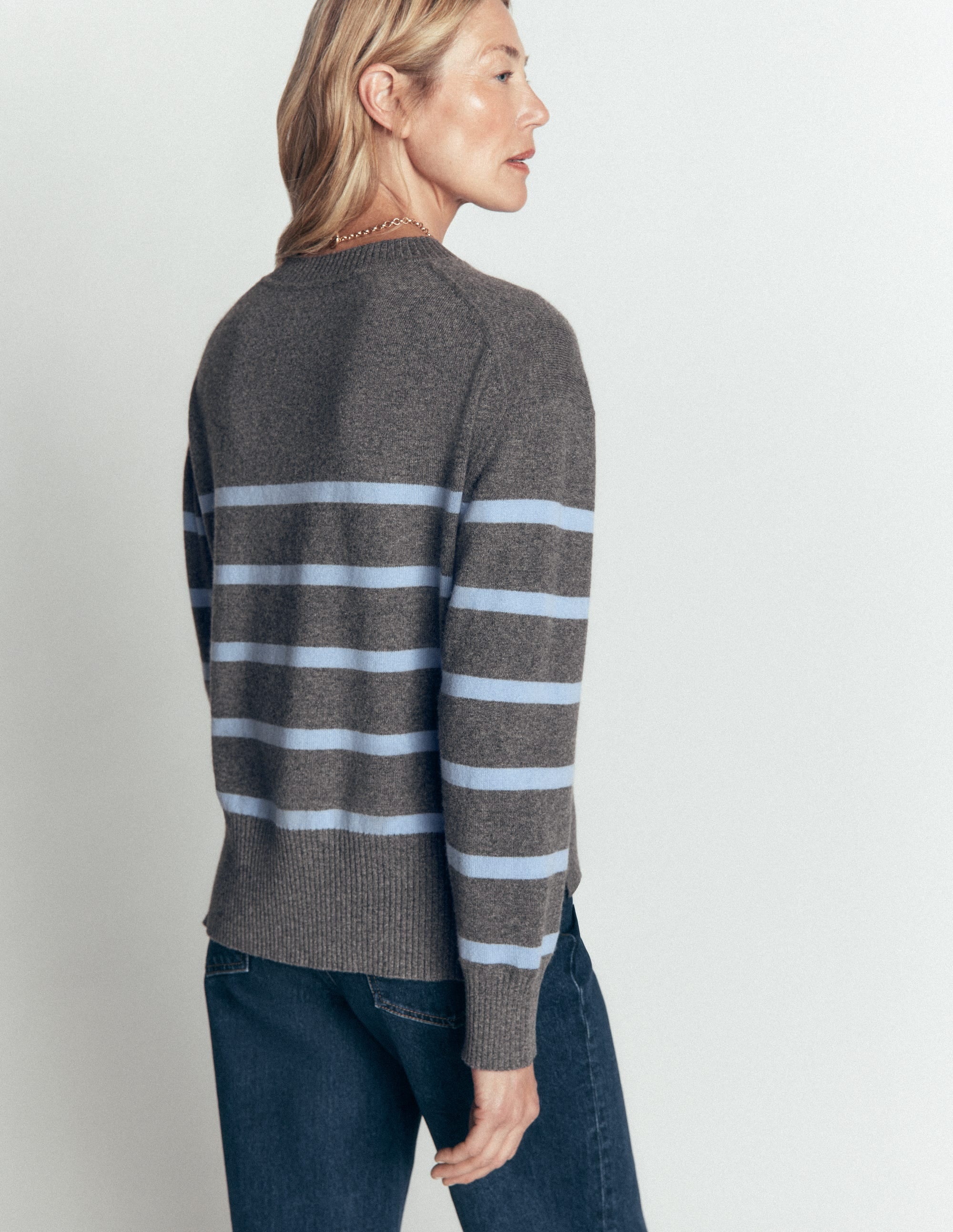 Fay Cashmere Crew Neck Jumper-Charcoal, Blue Stripe - Image 3