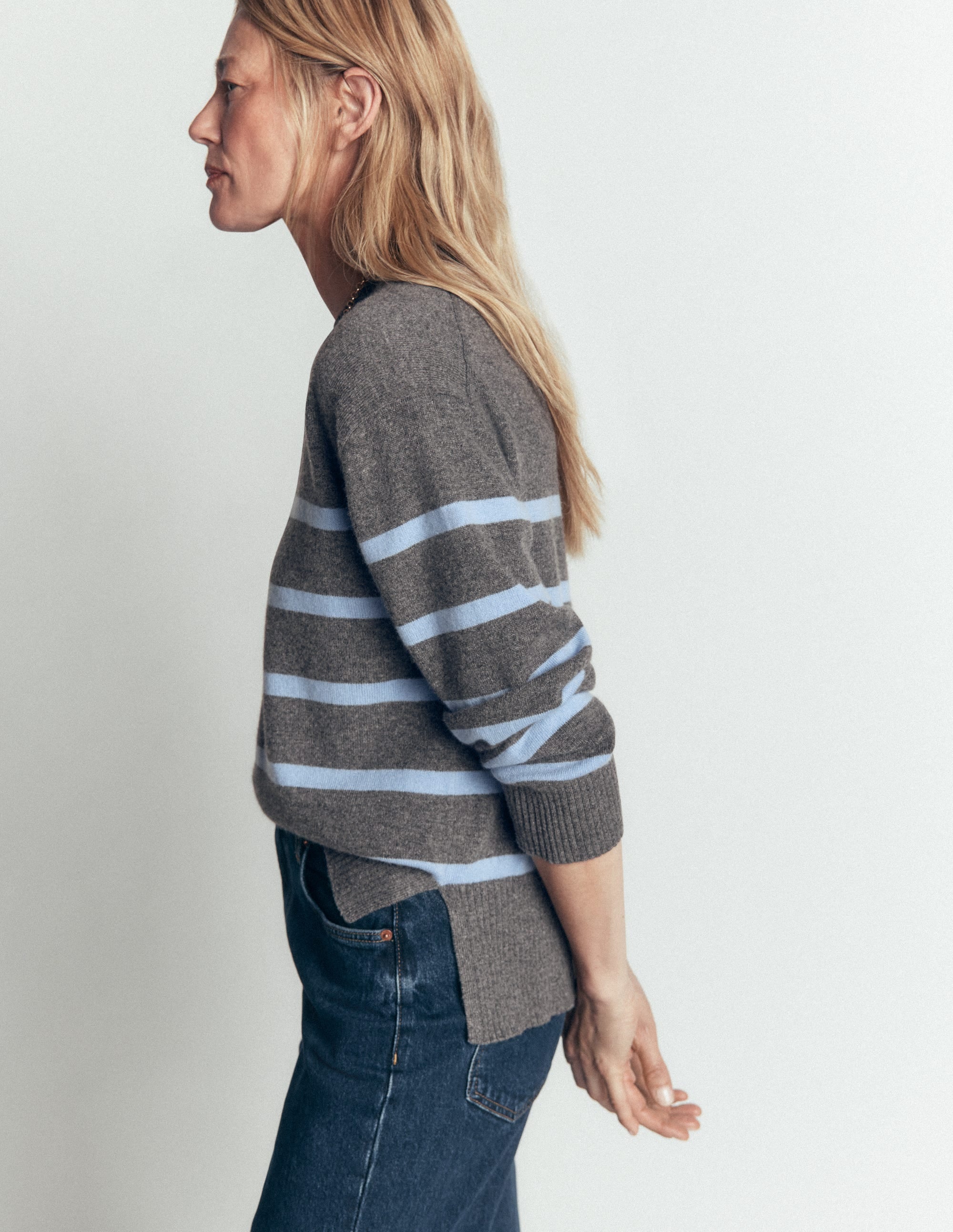 Fay Cashmere Crew Neck Jumper-Charcoal, Blue Stripe - Image 4
