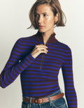 Zelda Rippstrickpullover mit Halbreißverschluss-Leuchtendes Blau, Kastanienbraun Streifen