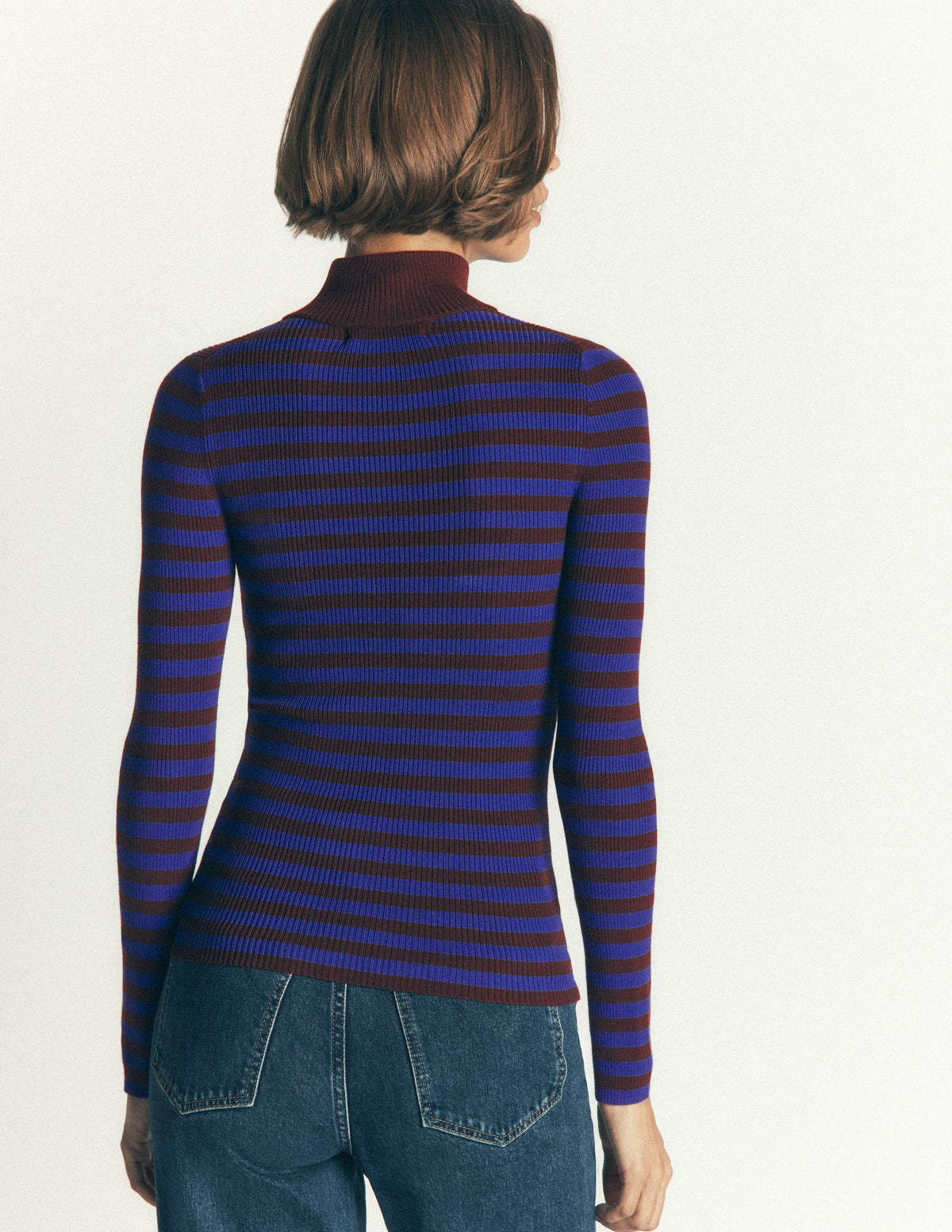 Zelda Rippstrickpullover mit Halbreißverschluss-Leuchtendes Blau, Kastanienbraun Streifen-3