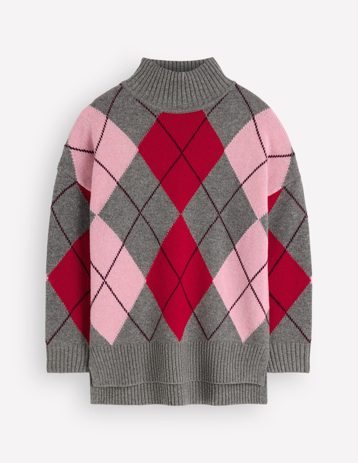 Marta Langer Merino-Pullover-Grau, Rot, Rosa Argyle-6