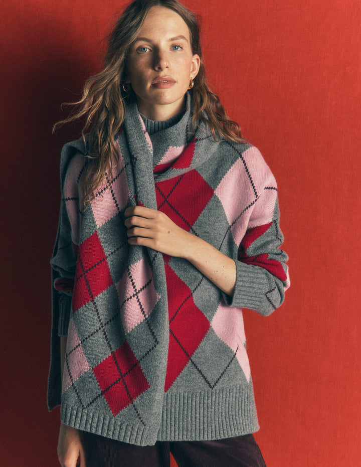 Marta Langer Merino-Pullover-Grau, Rot, Rosa Argyle