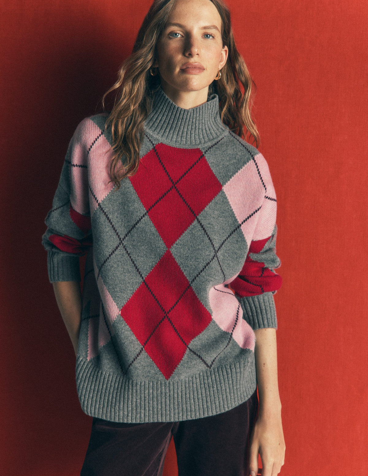 Marta Langer Merino-Pullover-Grau, Rot, Rosa Argyle - Image 5