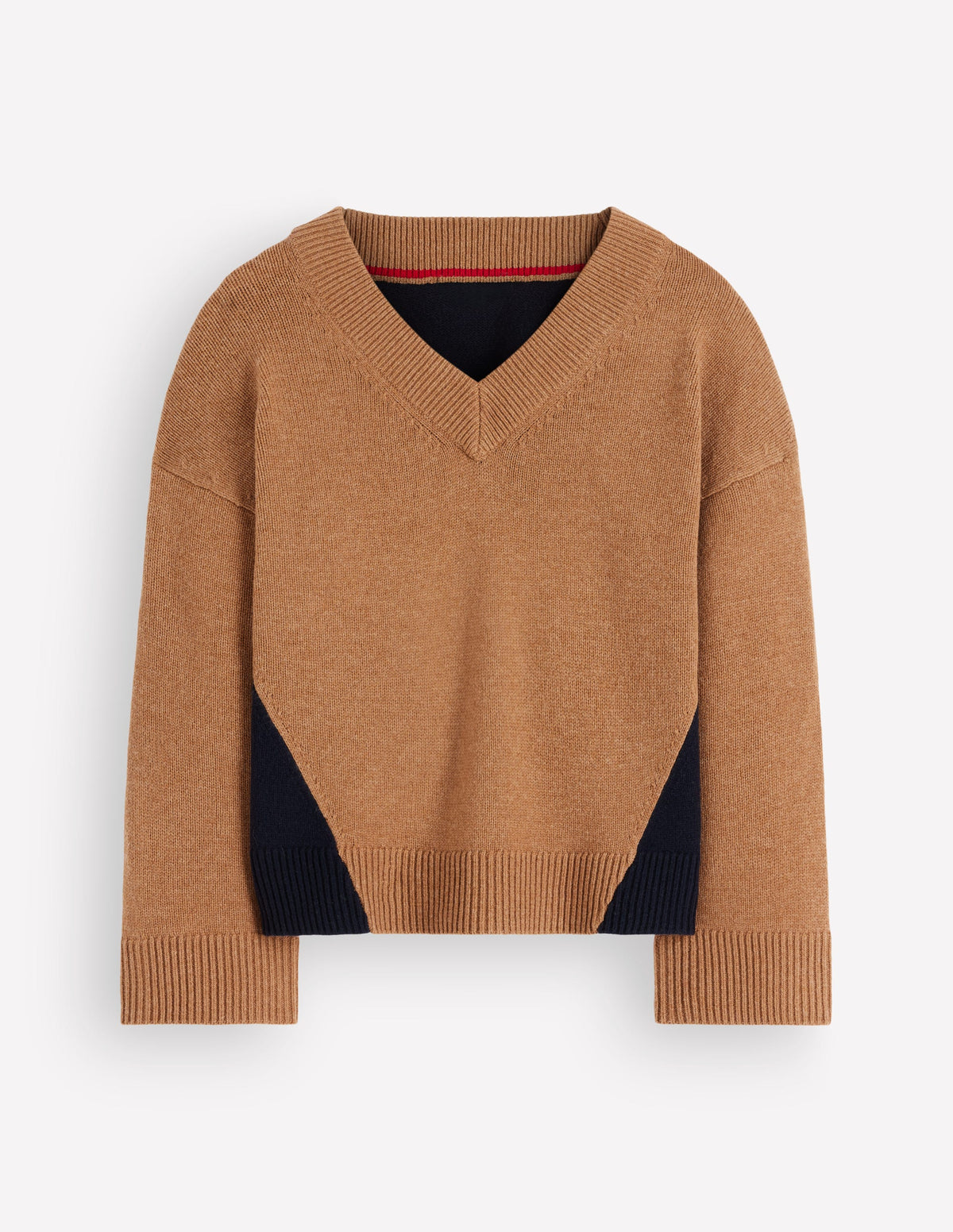 Marta Merino-Pullover mit V-Ausschnitt-Camel, Marineblau Color Blocking-5