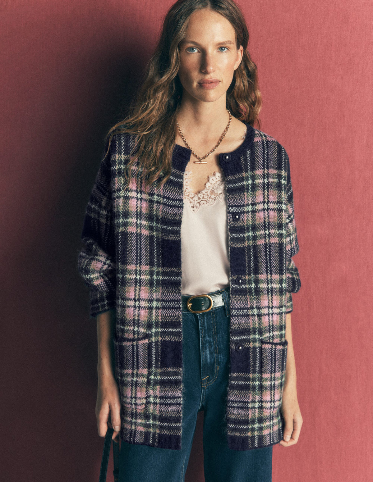 Flauschige Jacquard-Strickjacke-Marineblau, Grün und Rosa Kariert-6