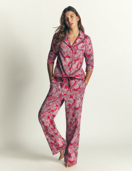 Bas de pyjama en coton-Motif floral rouge