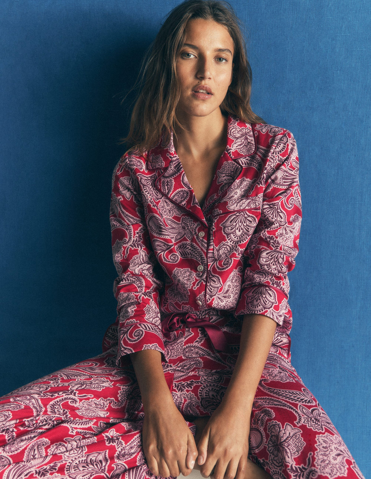 Chemise de pyjama en coton-Motif floral rouge - Image 1