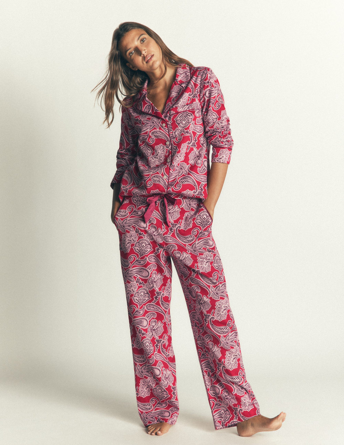 Chemise de pyjama en coton-Motif floral rouge-4