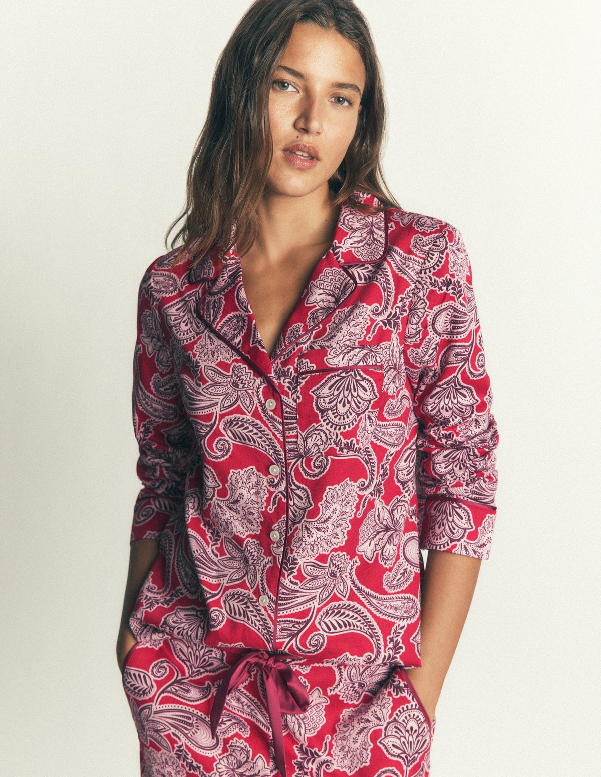 Chemise de pyjama en coton-Motif floral rouge-5
