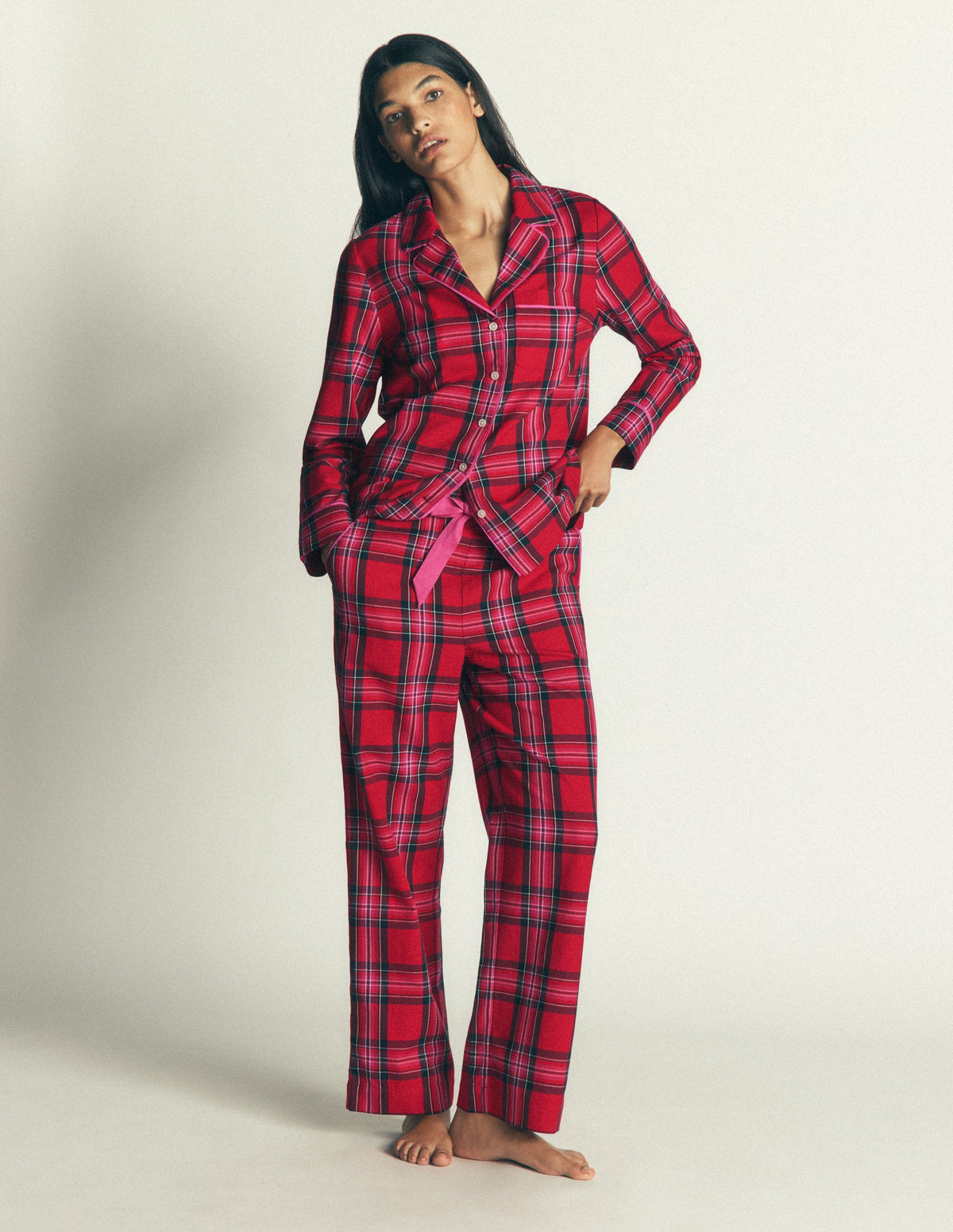 Haut de pyjama en coton brossé-Carreaux rouges - Image 4