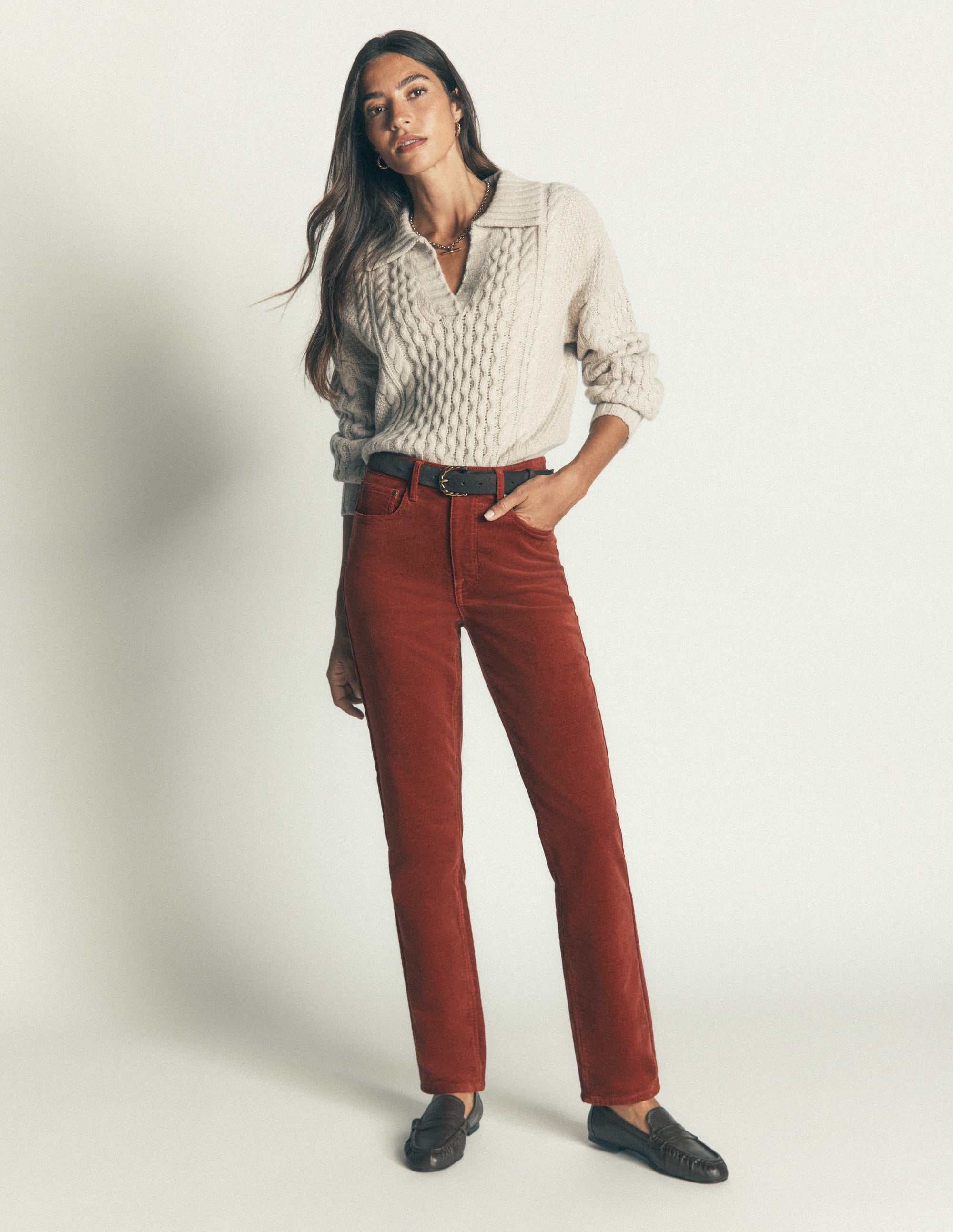 High Rise Cord Slim Jeans-Burnt Henna - Image 1