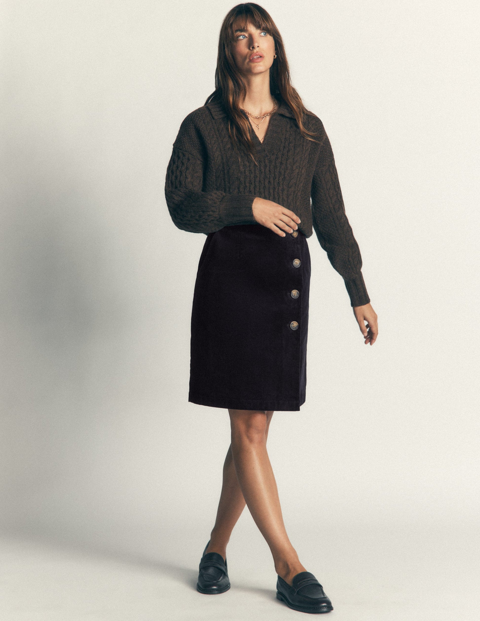 Evelyn Button Cord Wrap Skirt-Navy-1