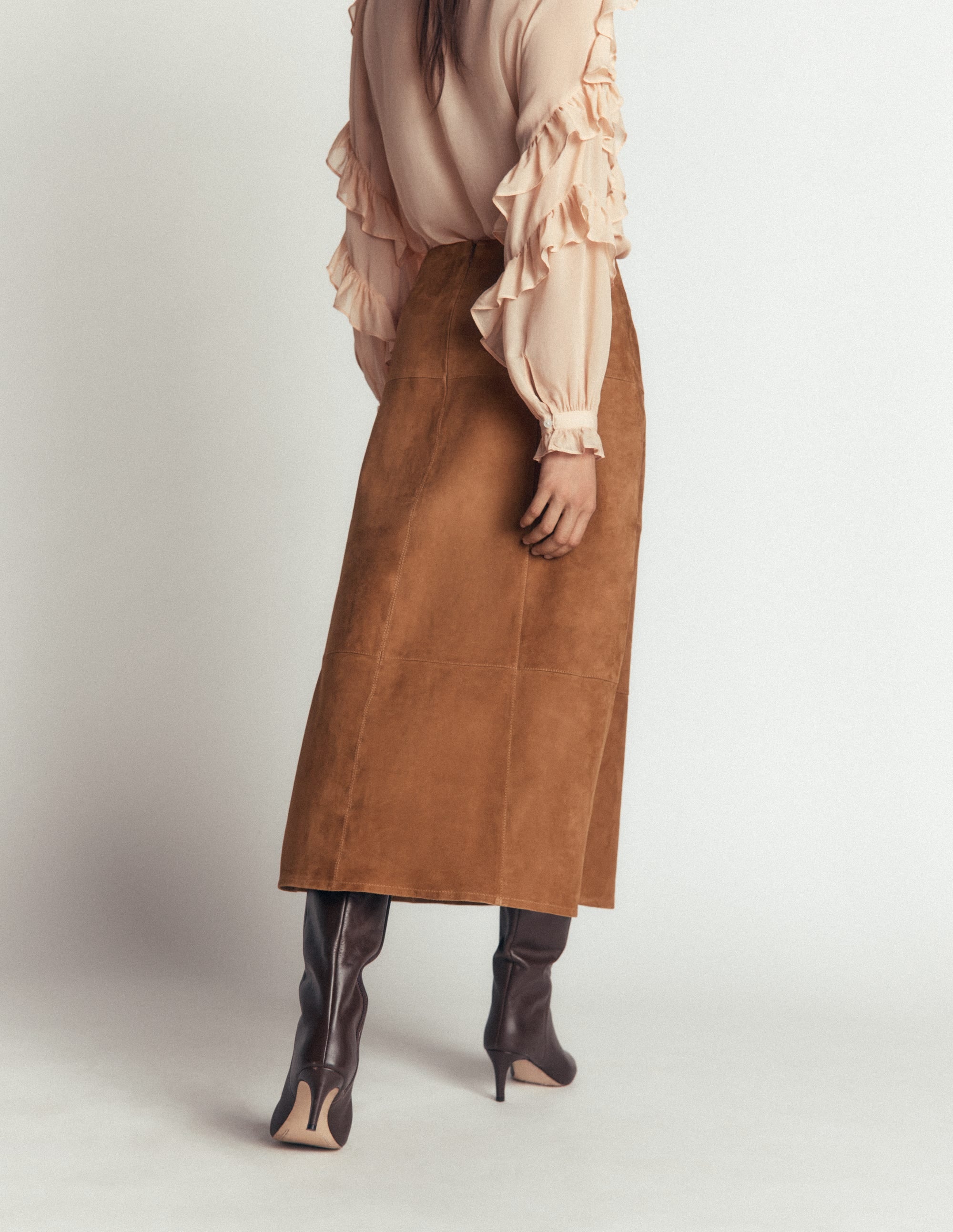 Suede Panelled Midi Skirt-Tan - Image 3