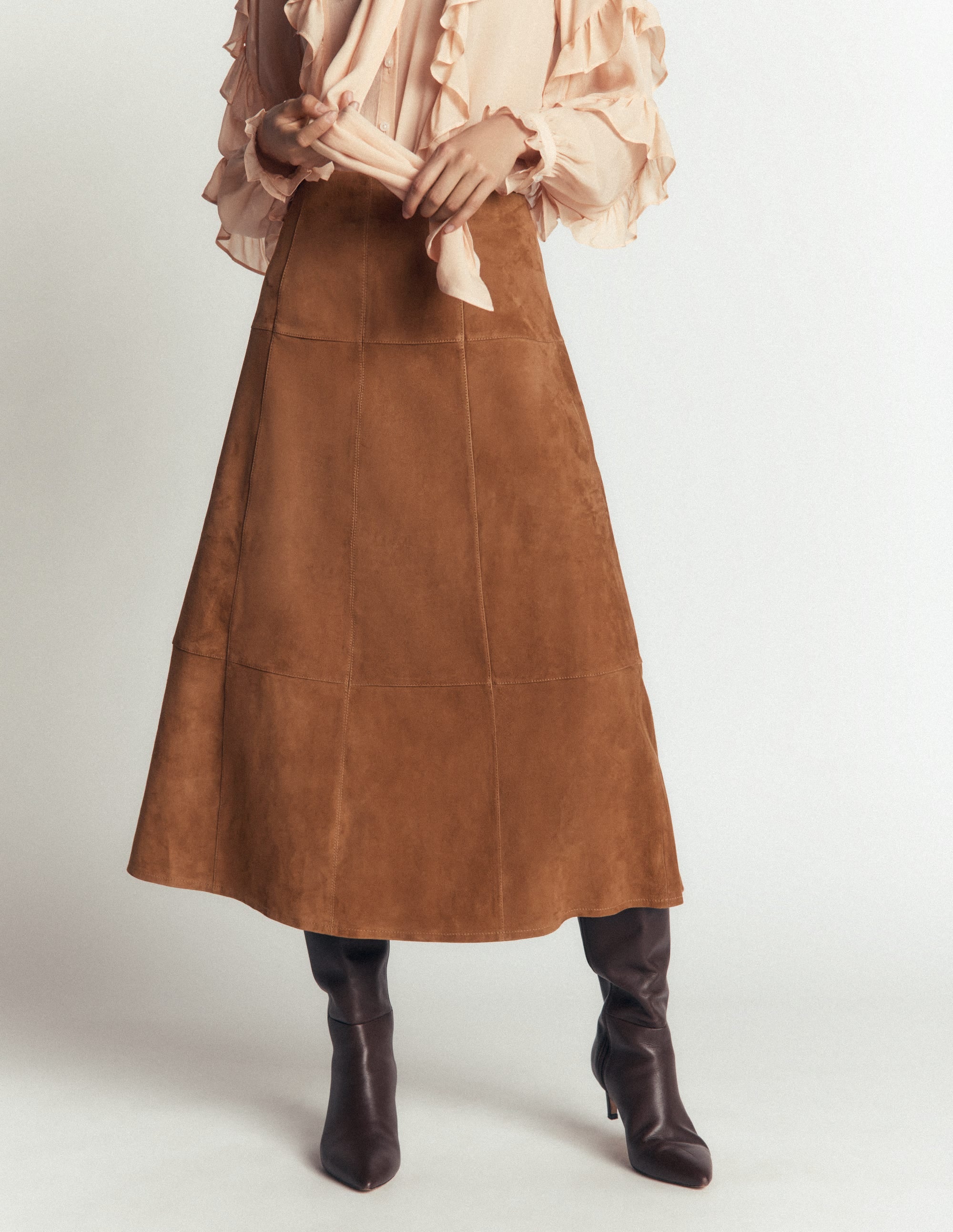 Suede Panelled Midi Skirt-Tan - Image 4