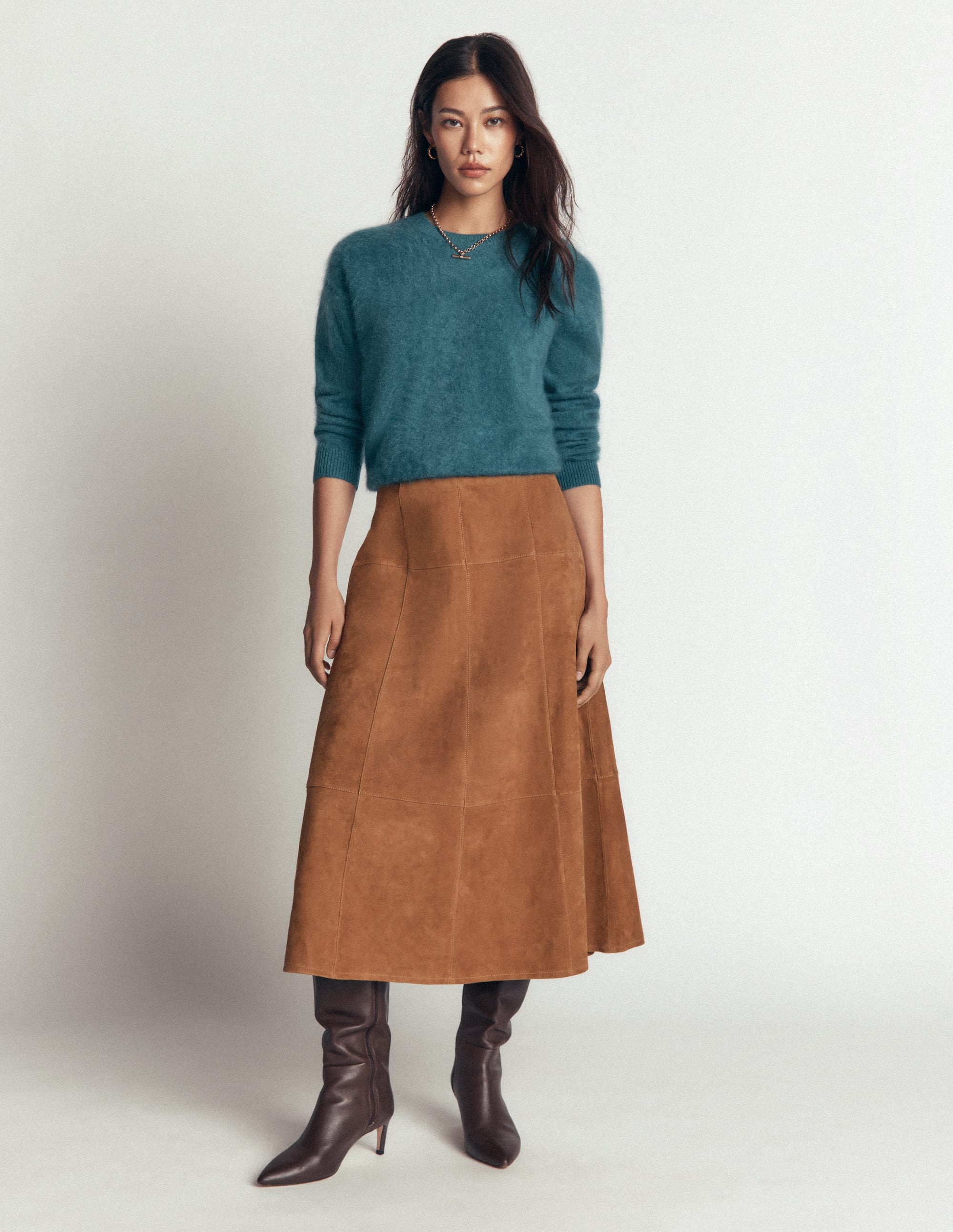 Suede Panelled Midi Skirt-Tan - Image 5