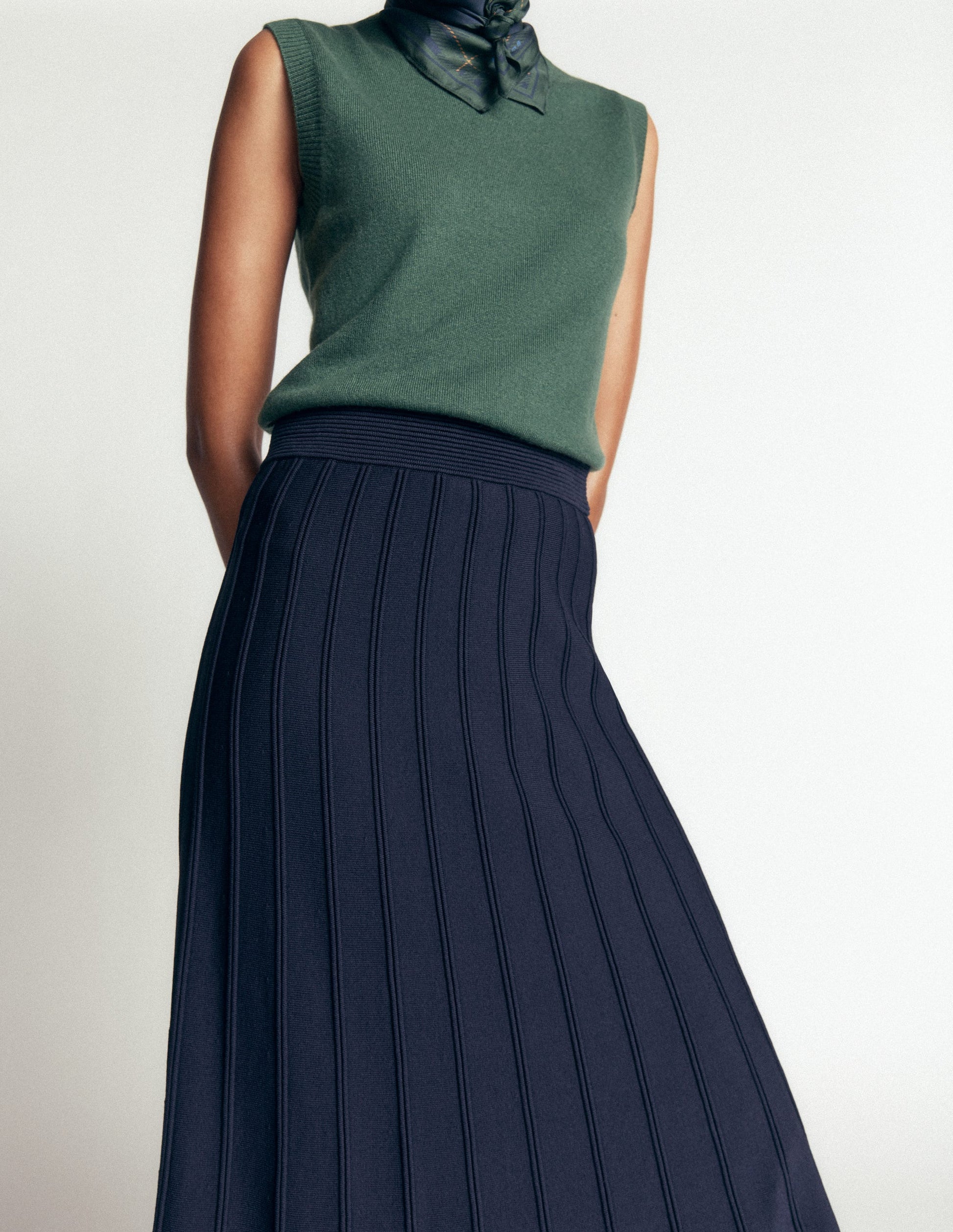 Ottoman Knitted Midi Skirt-Navy-2