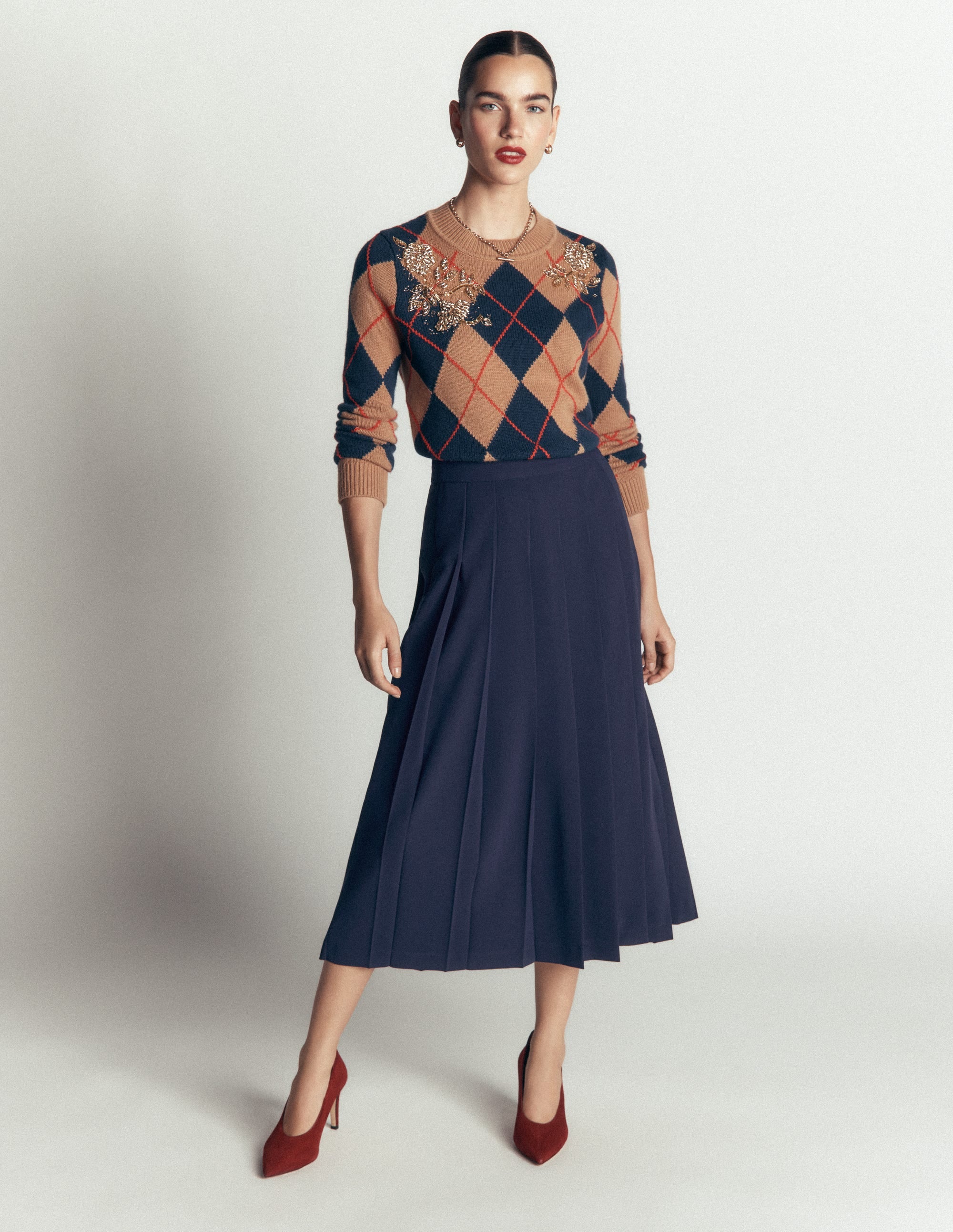 Pleat Side Split Midi Skirt-Navy - Image 1