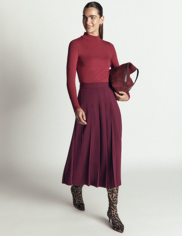 Plissierter Midirock mit seitlichem Schlitz-Dunkle Kirsche