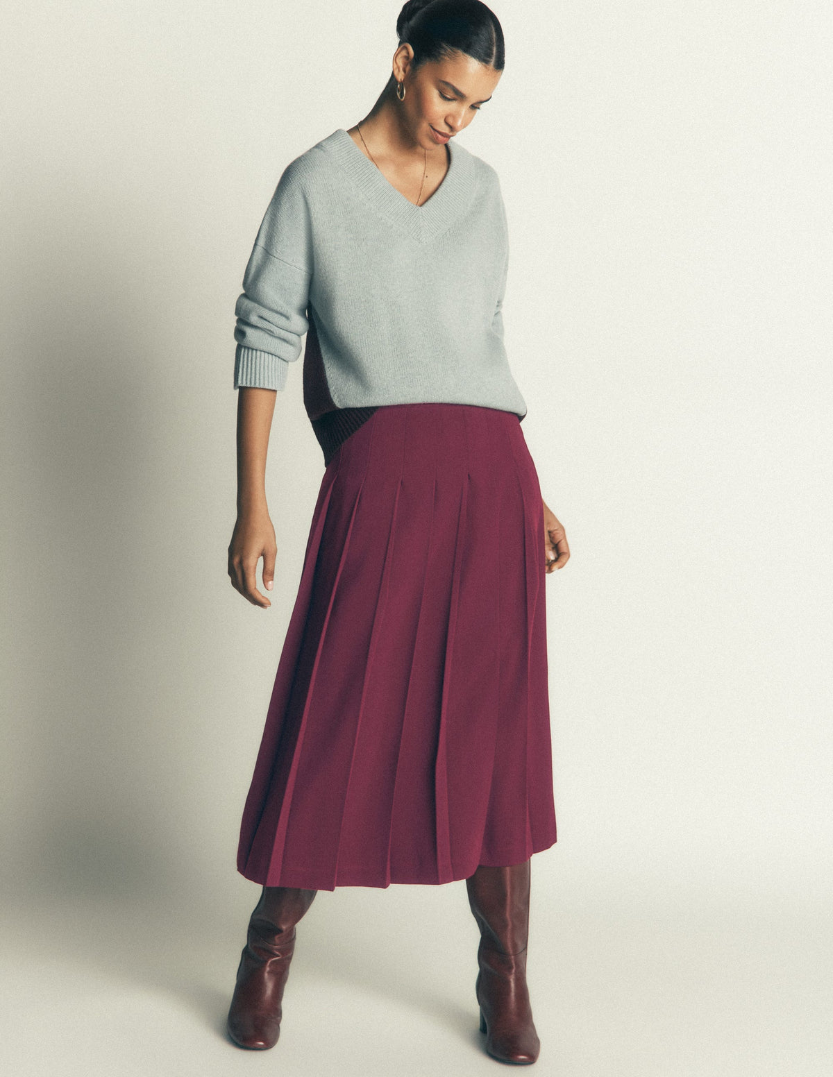 Plissierter Midirock mit seitlichem Schlitz-Dunkle Kirsche-1