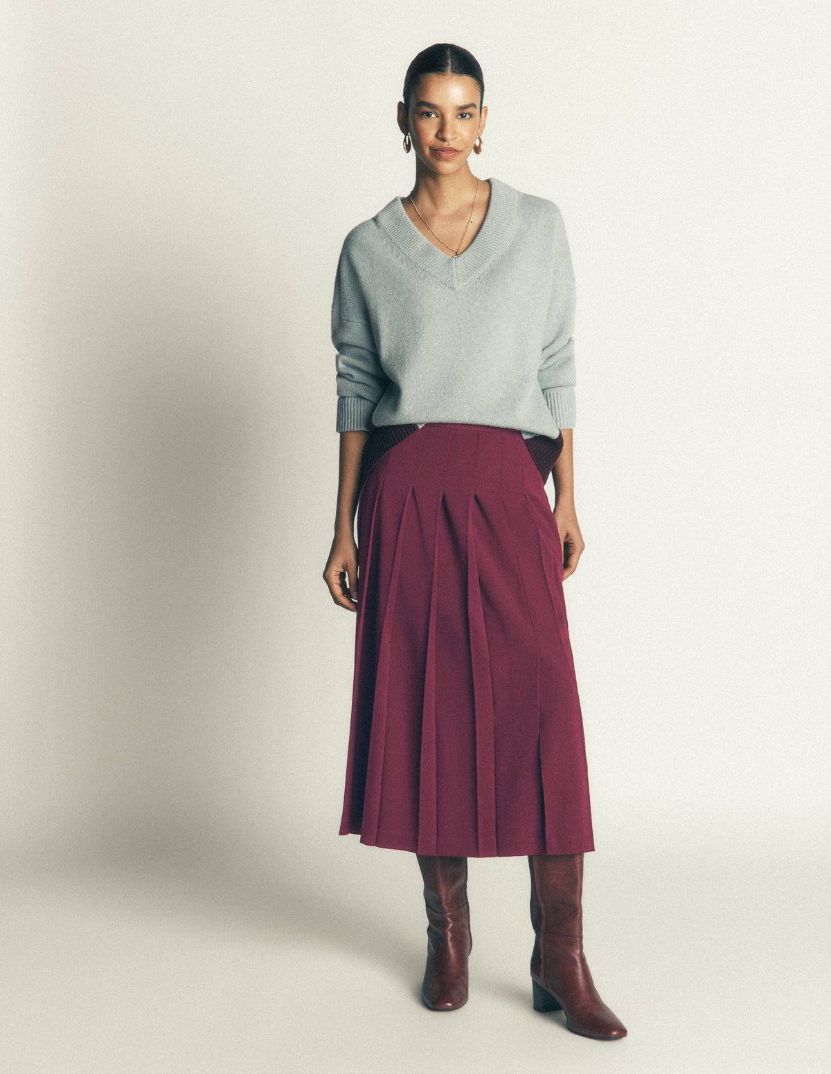 Plissierter Midirock mit seitlichem Schlitz-Dunkle Kirsche-5