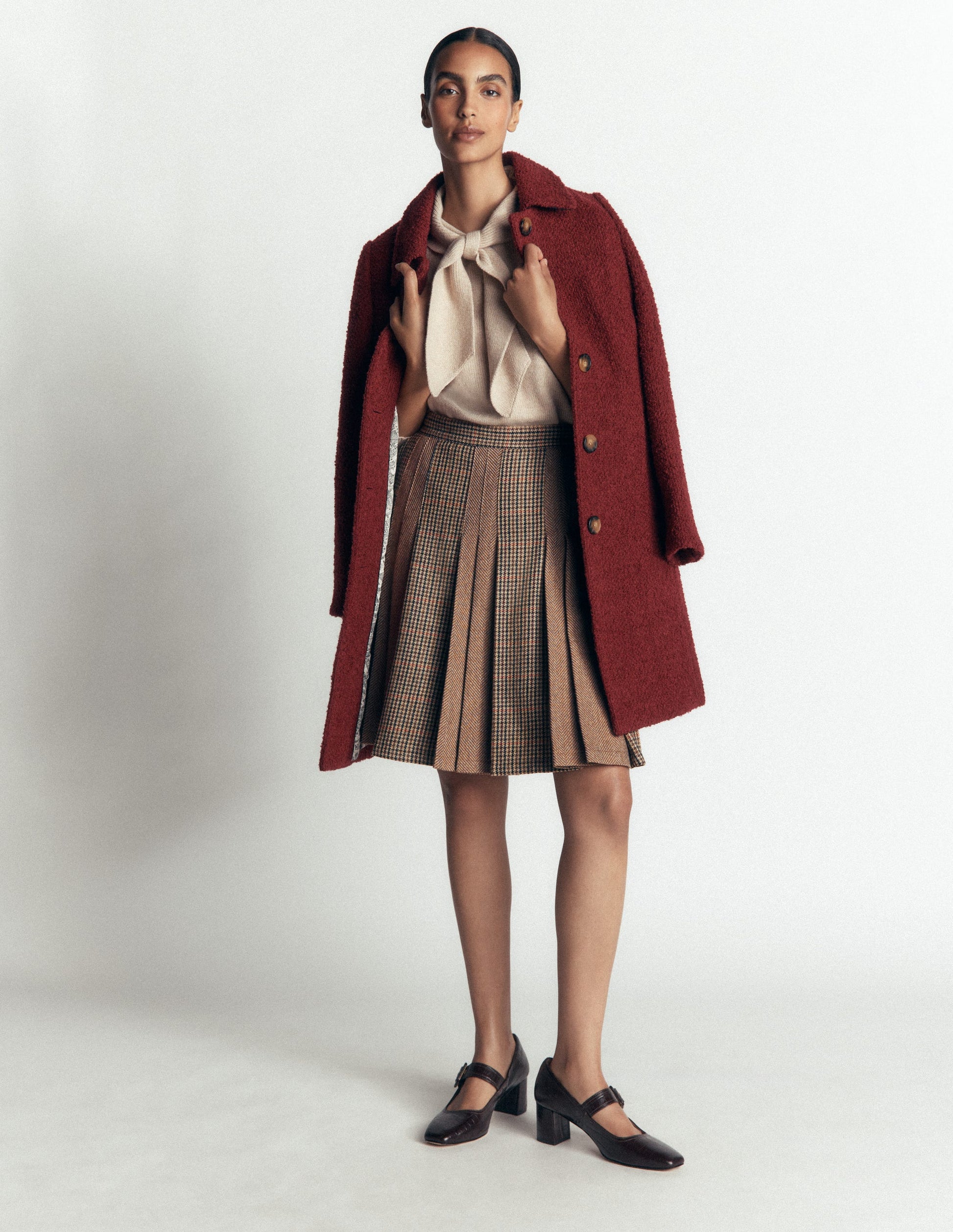 Multi Panel Wool Blend Skirt-Brown Hotch Check-2