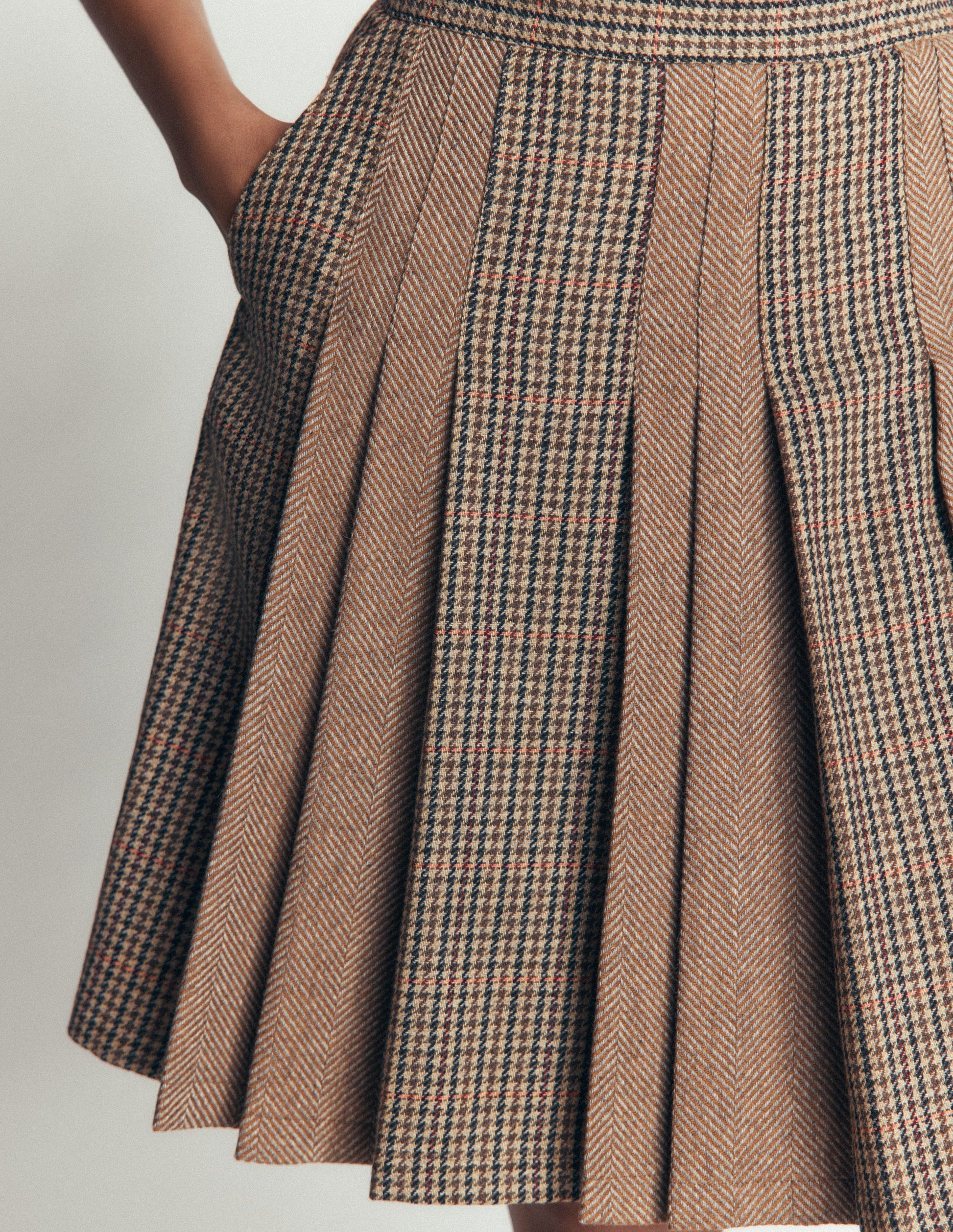 Multi Panel Wool Blend Skirt-Brown Hotch Check-3