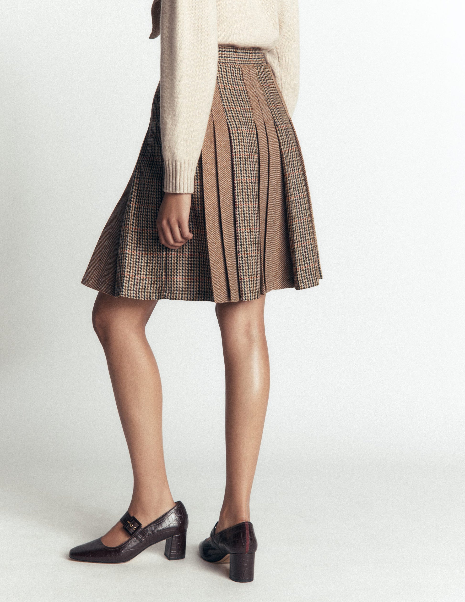 Multi Panel Wool Blend Skirt-Brown Hotch Check-4
