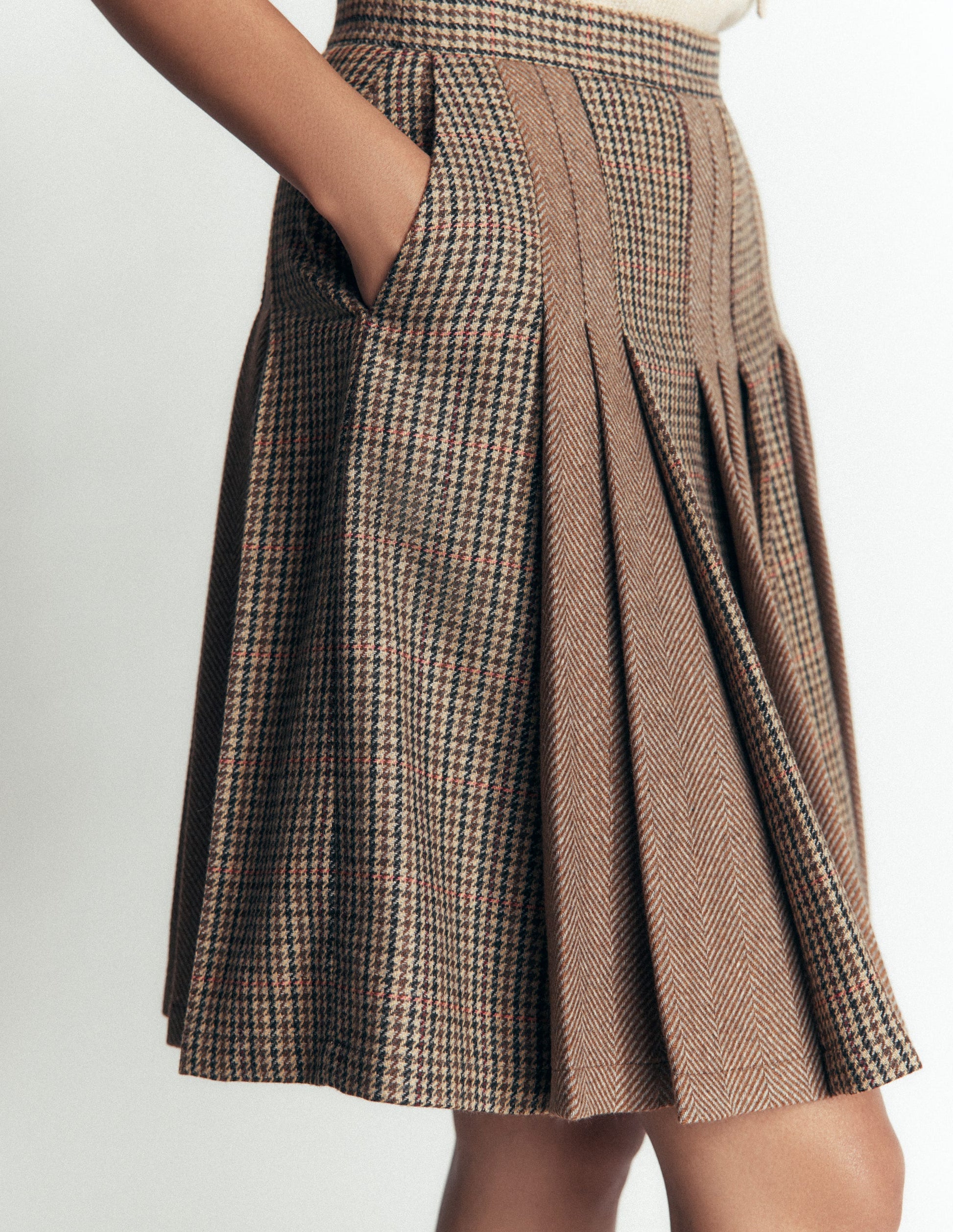 Multi Panel Wool Blend Skirt-Brown Hotch Check-6