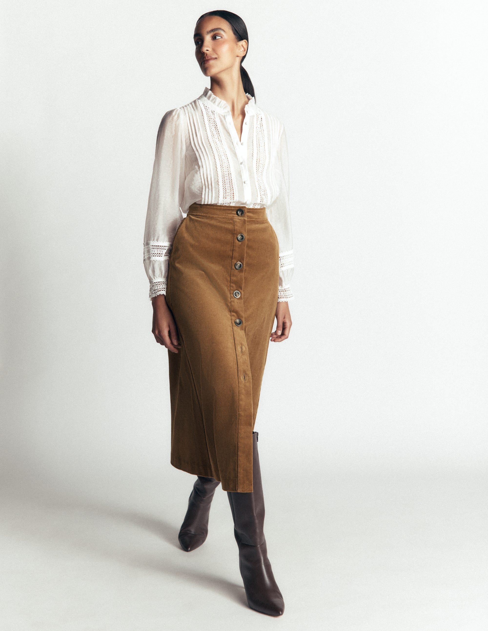 Val Button Cord Midi Skirt-Gingerbread - Image 1