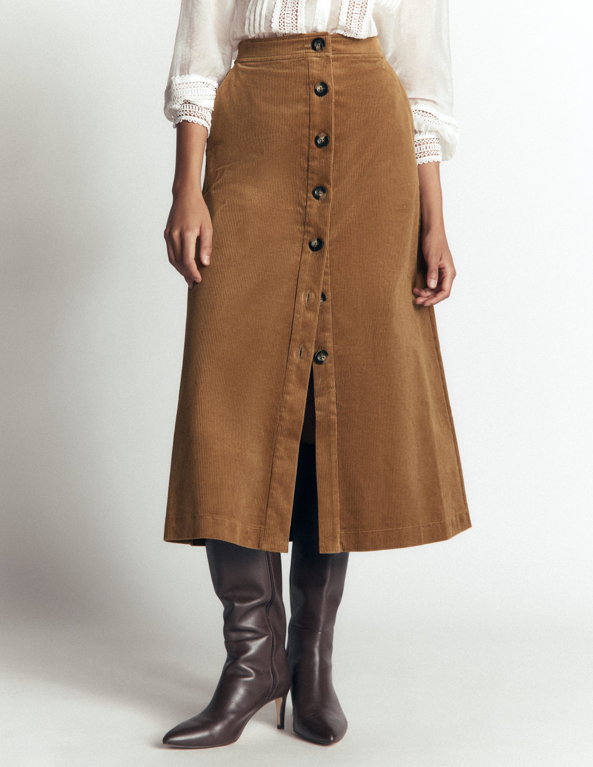 Val Button Cord Midi Skirt-Gingerbread-4
